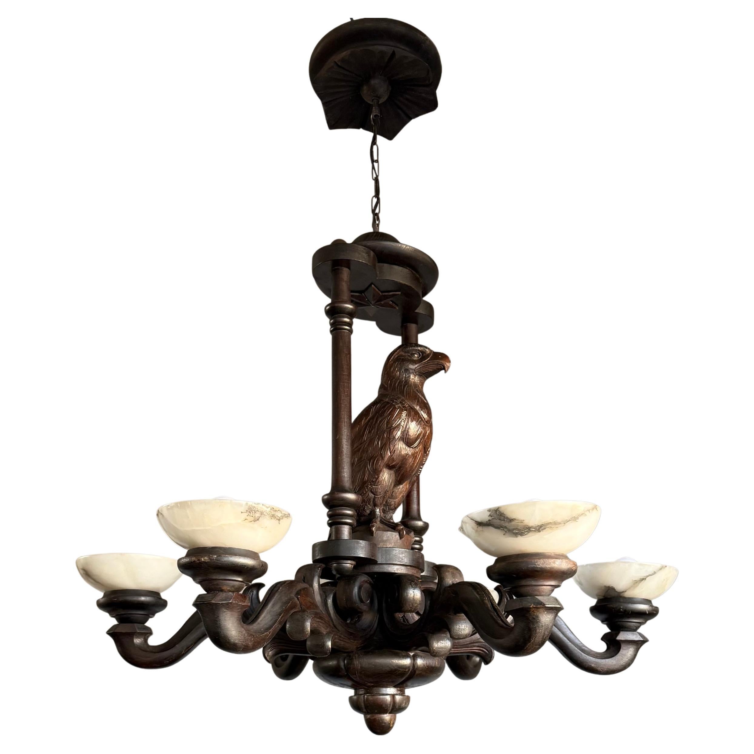 Extreme Rare Antique Carved Chandelier with Great American Eagle Sculpture 1920s