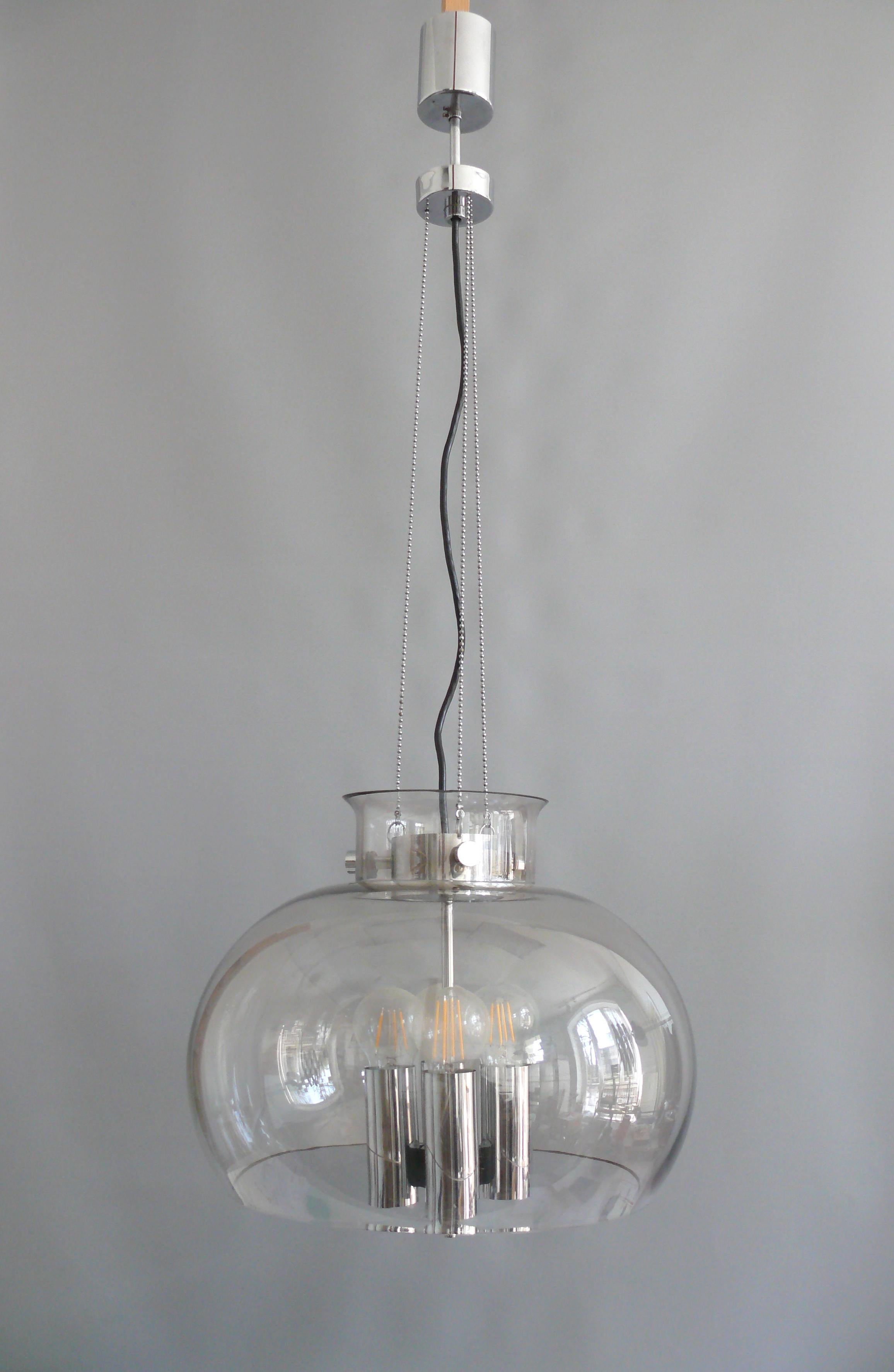 Large glass pendant lamp, manufactured by Glashütte Limburg in Germany in the 1960s. The design was created by Herbert Proft, who designed many lamps for Glashütte Limburg. The hand-blown shade is held by three strings of beads anchored in the lower