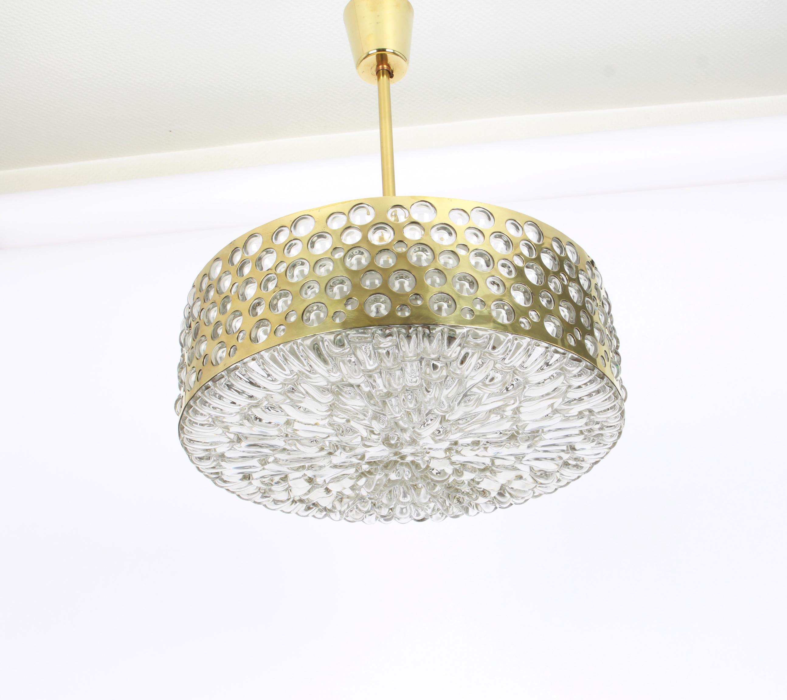 Mid-Century Modern Large Pendant Light with Aged Brass Glass by Rupert Nikoll, Austria, 1960s For Sale