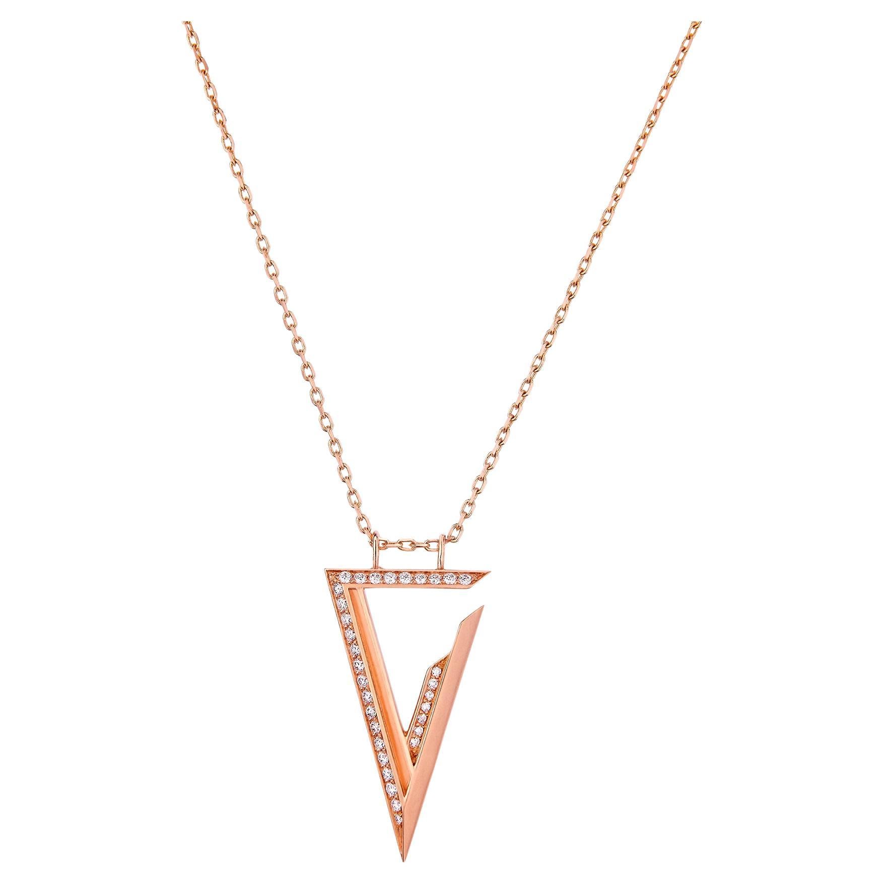 Large Pendant with Chain Crafted in 18K Rose Gold & White Diamonds 0.31 ct. For Sale