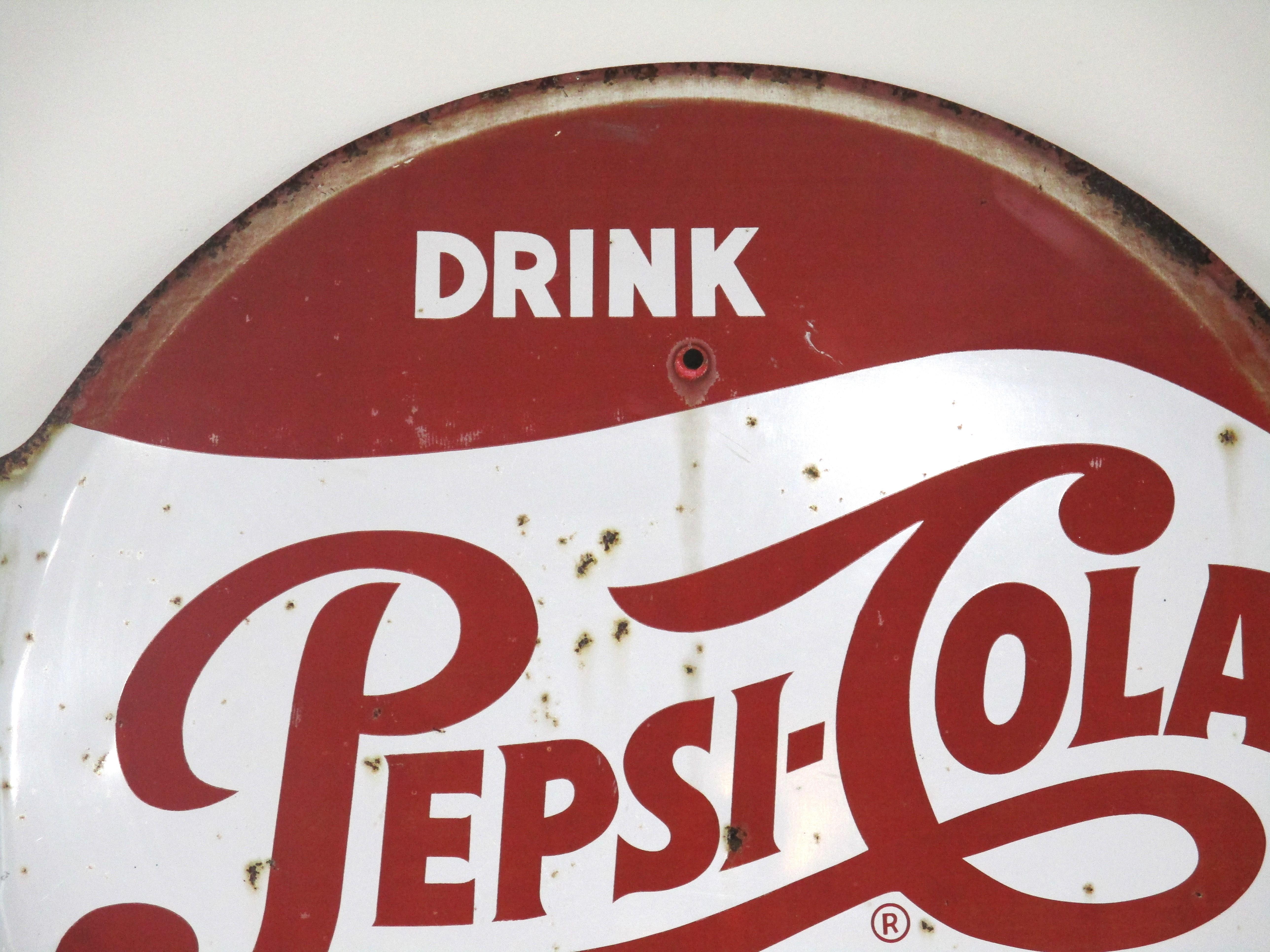 Mid-Century Modern Large Pepsi Cola Metal Bottle Cap Sign by Stout 