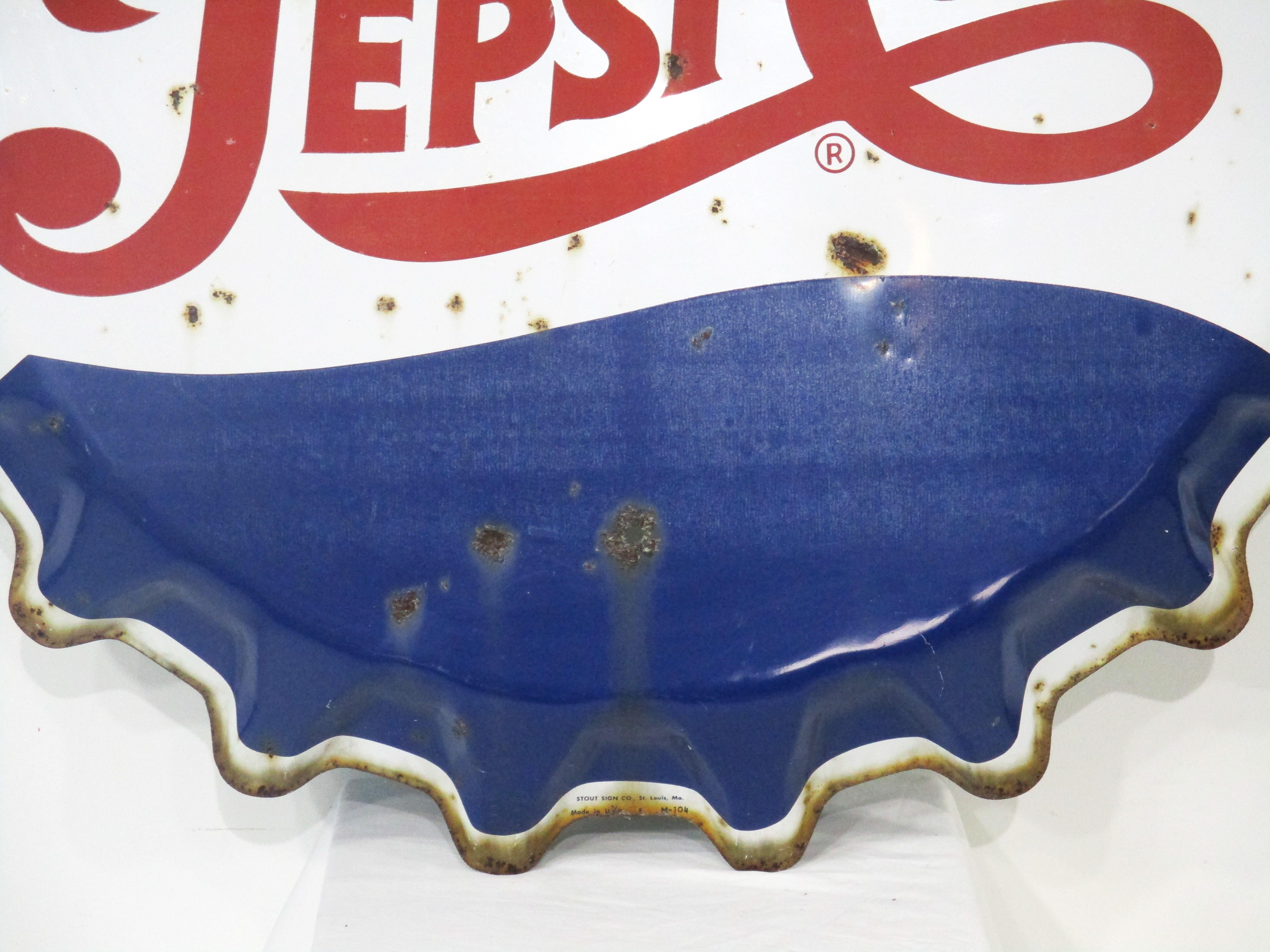 Large Pepsi Cola Metal Bottle Cap Sign by Stout  In Fair Condition In Cincinnati, OH