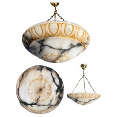 Large Ø 20.5 & Perfectly Balanced Antique Hand Crafted Alabaster Pendant Light