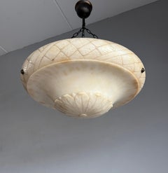 Large & Perfectly Balanced Antique Ivory-Toned Alabaster Pendant Light, Fixture