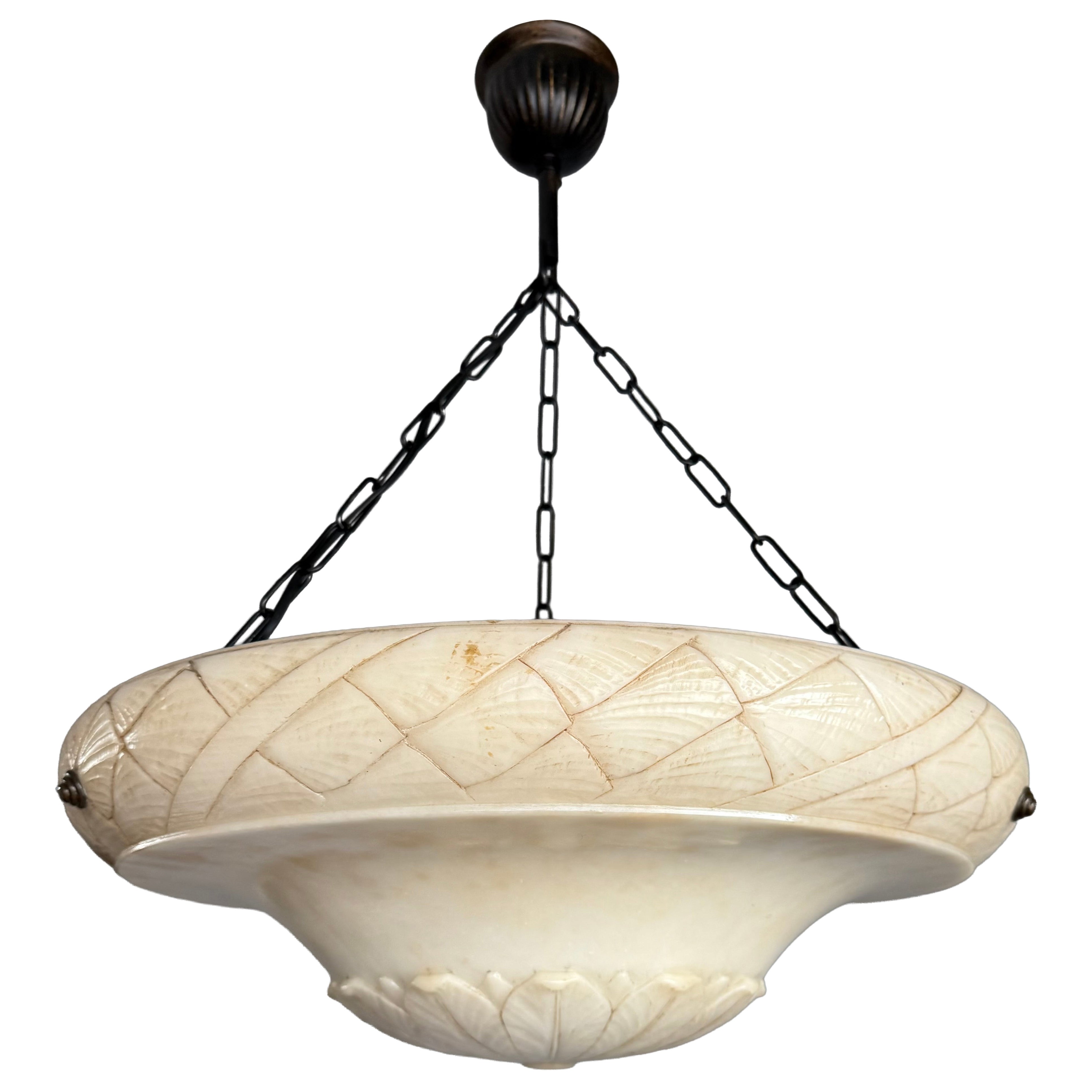 Large & Perfectly Balanced Antique Hand-Crafted Alabaster Pendant Light, Fixture