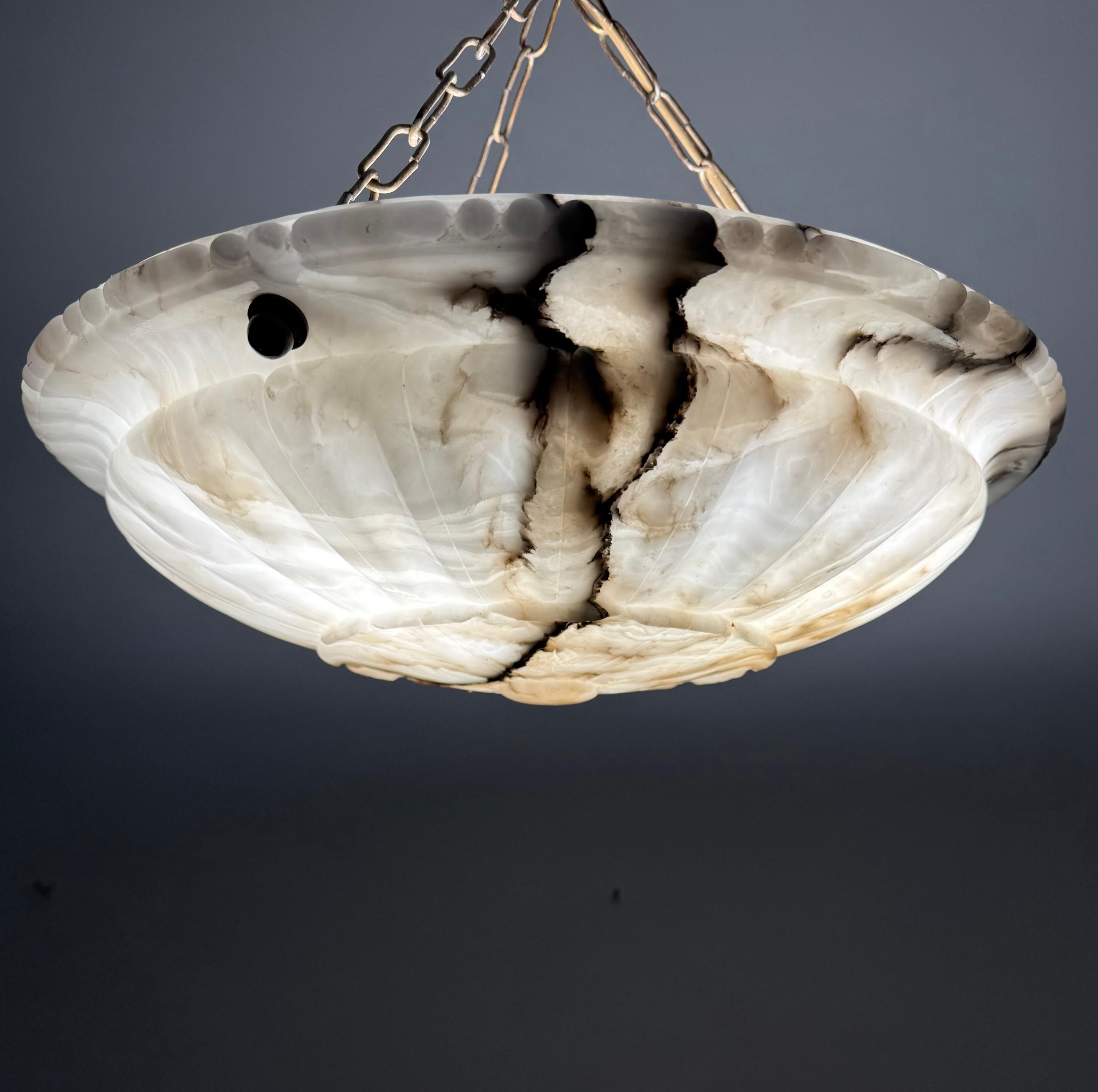 Large & Perfectly Balanced Antique Hand Crafted Alabaster Pendant Light 8