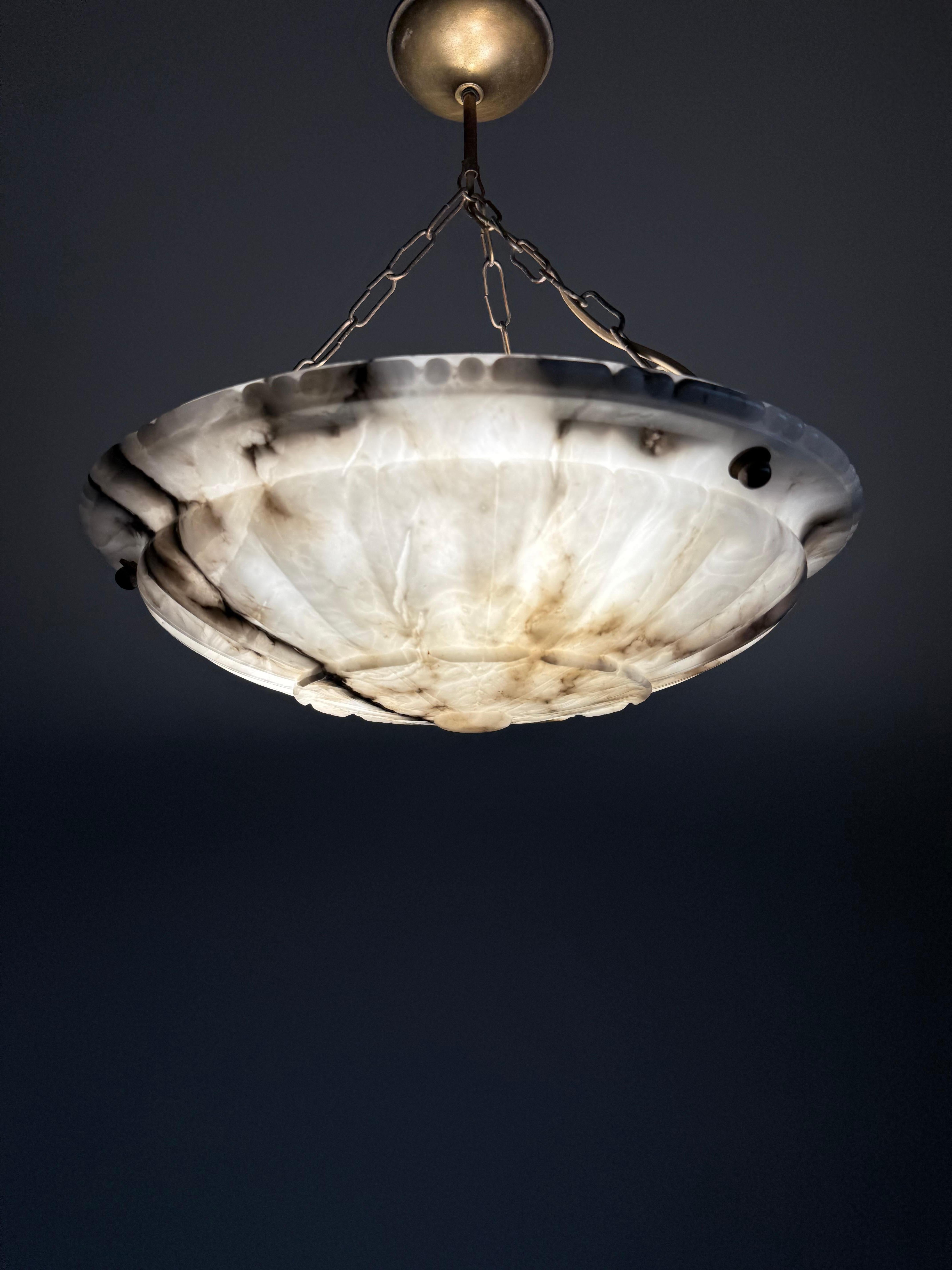 Large & Perfectly Balanced Antique Hand Crafted Alabaster Pendant Light 10