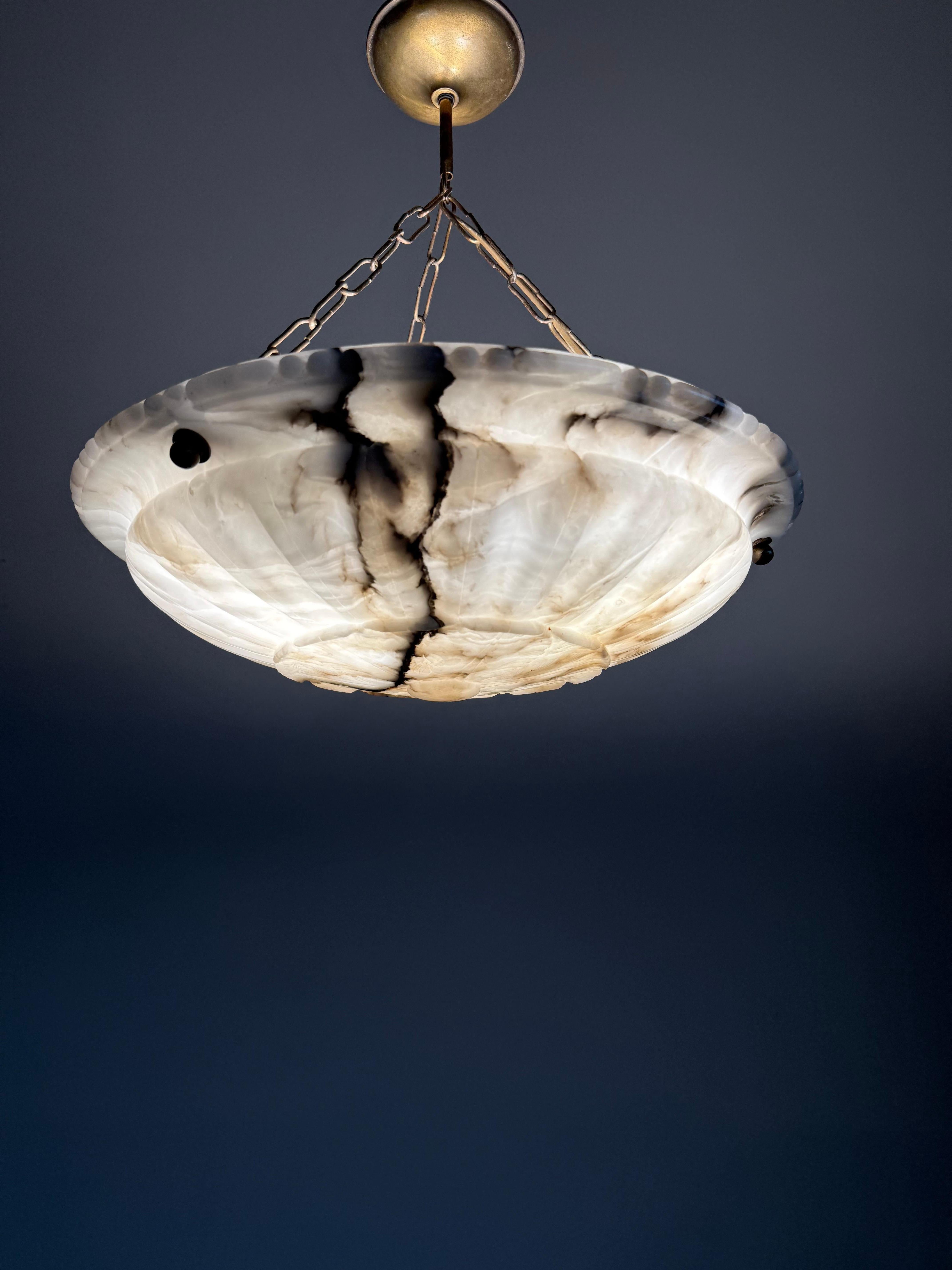 Large & Perfectly Balanced Antique Hand Crafted Alabaster Pendant Light 11