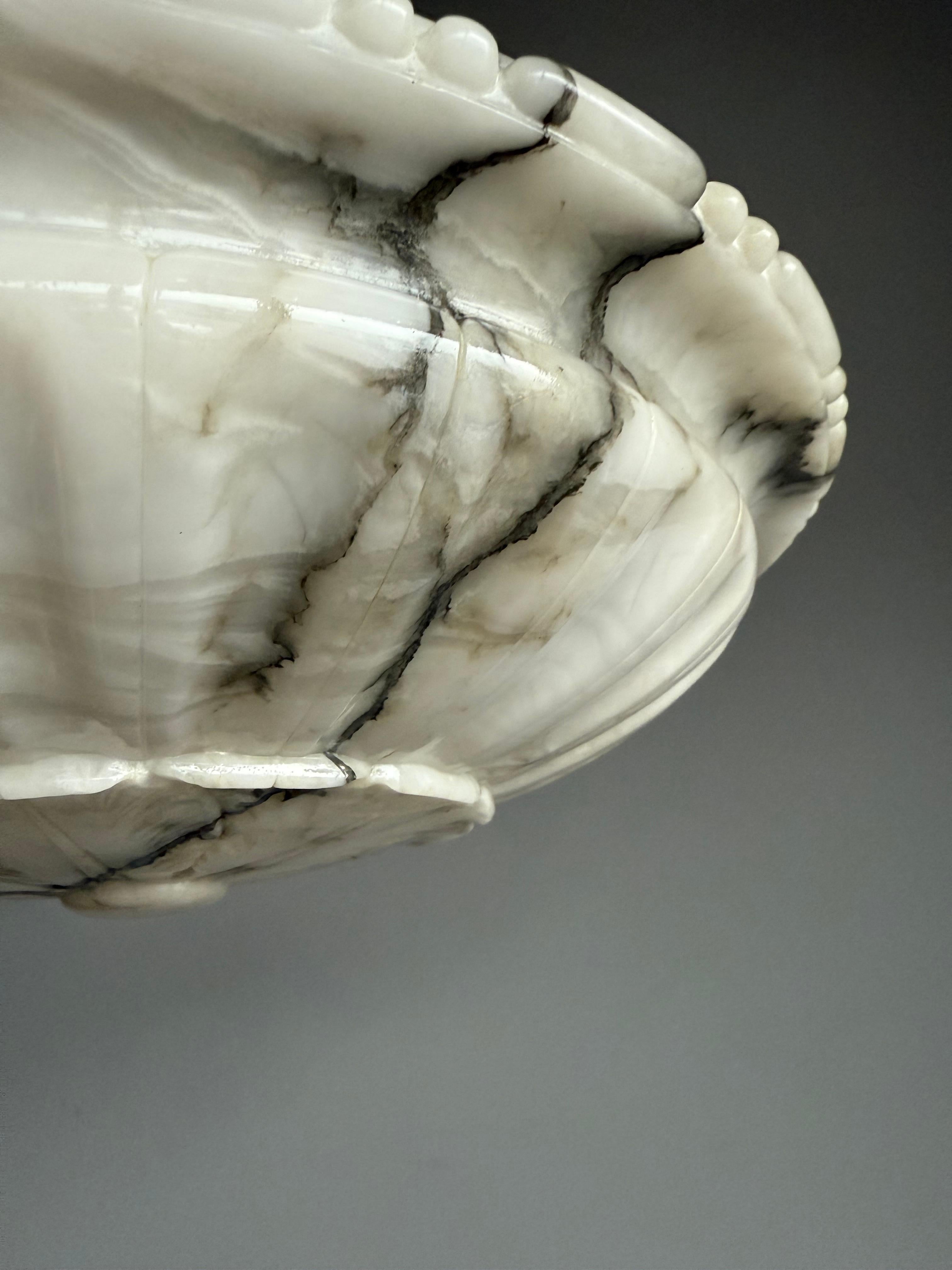 Hand-Carved Large & Perfectly Balanced Antique Hand Crafted Alabaster Pendant Light