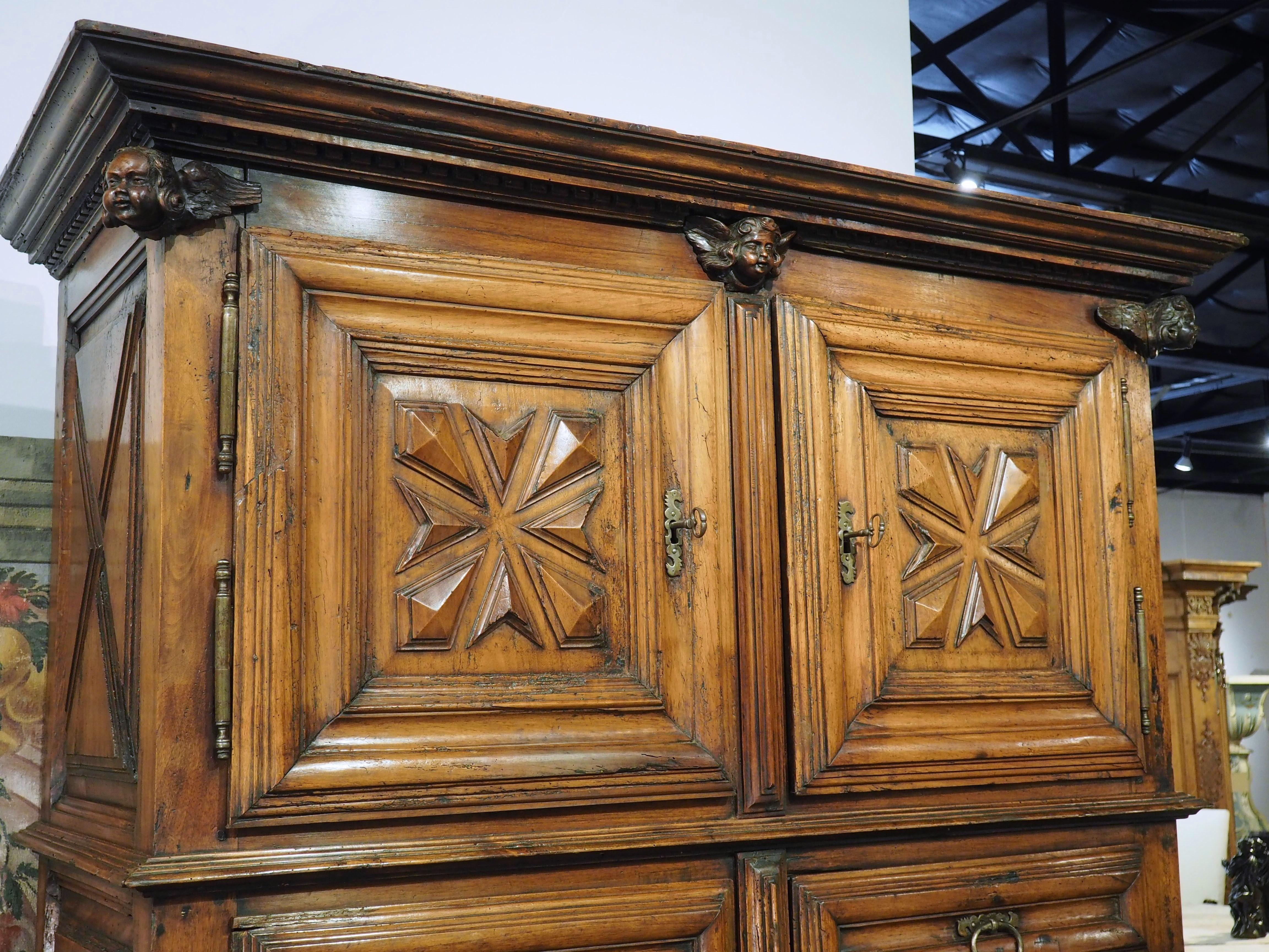 French Large Period Louis XIII 17th Century Walnut Wood Buffet Deux Corps from France For Sale