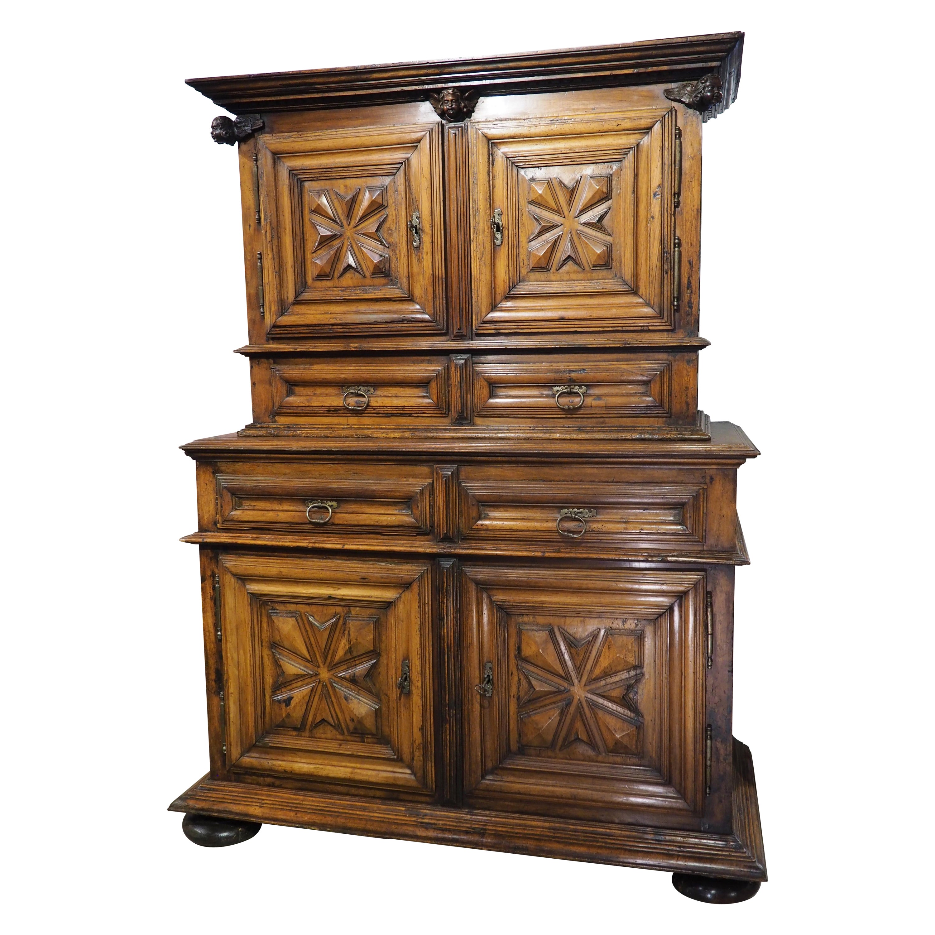 Large Period Louis XIII 17th Century Walnut Wood Buffet Deux Corps from France