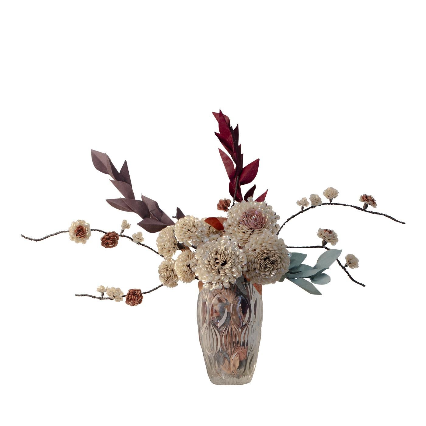 Created entirely by hand using remnants of fabric collected by Valentina Giovando, sequins and iron as supporting material, this fabulous floral arrangement includes leafy branches, white blossoms and red hydrangea in a vintage glass vase. Each