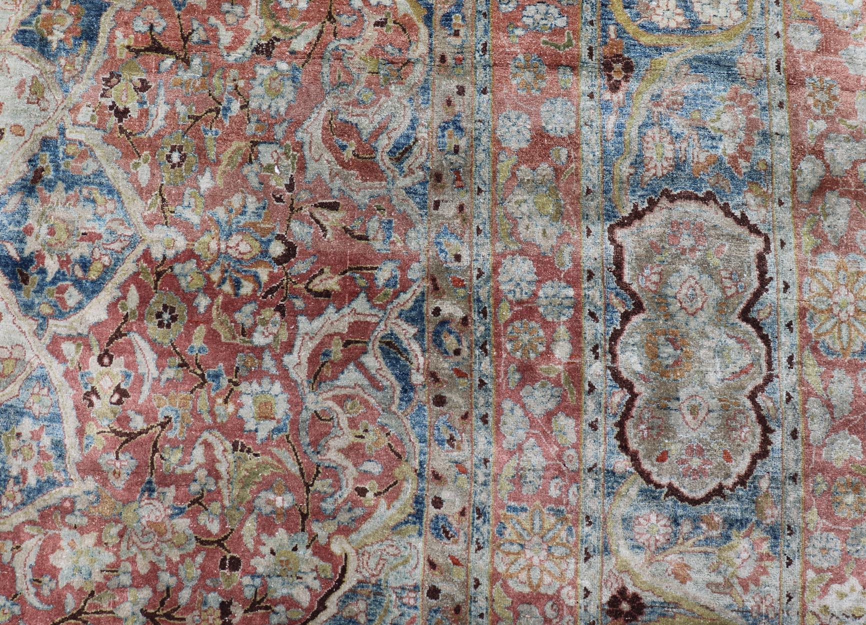 Large Persian Antique Mashad Carpet with Colorful Floral and Medallion Design For Sale 7