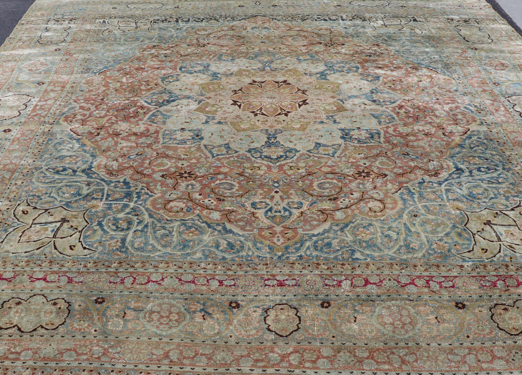 Large Persian Antique Mashad Carpet with Colorful Floral and Medallion Design For Sale 13