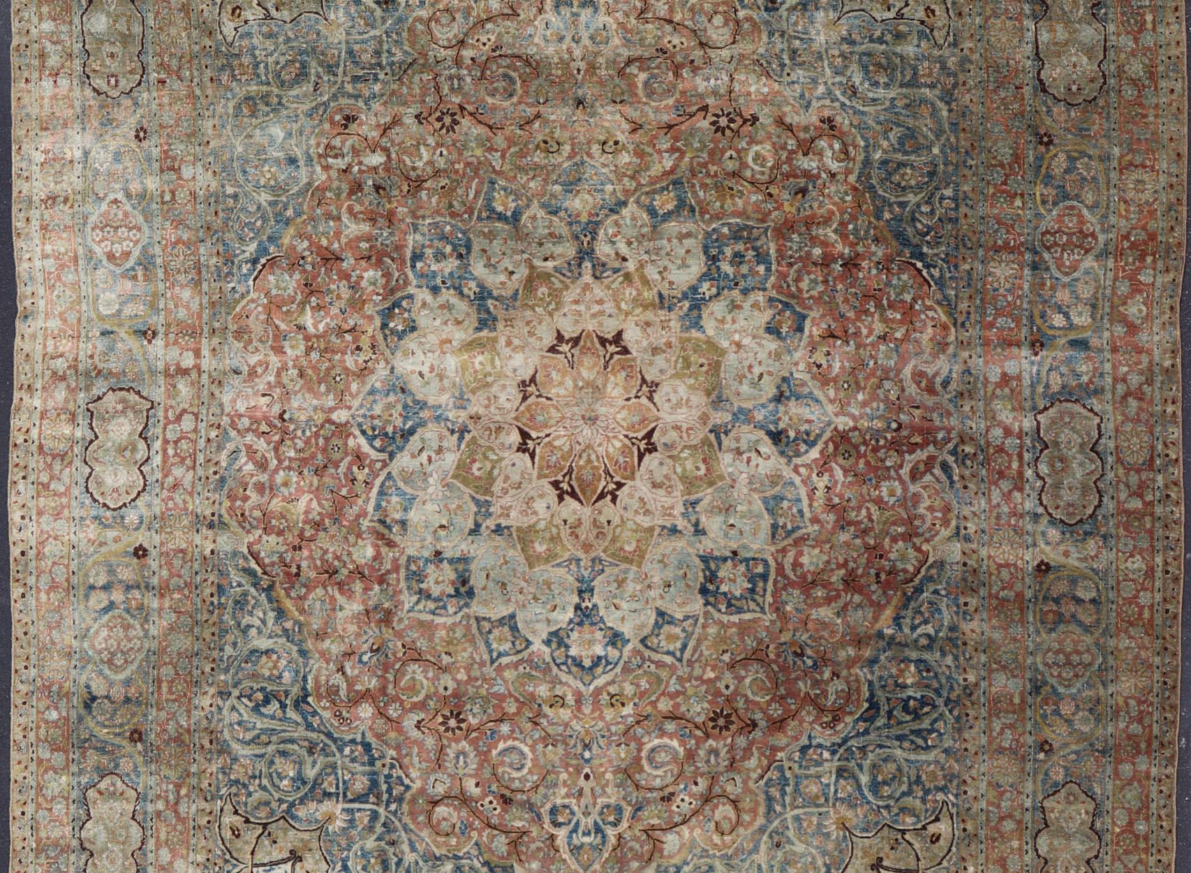 Tabriz Large Persian Antique Mashad Carpet with Colorful Floral and Medallion Design For Sale