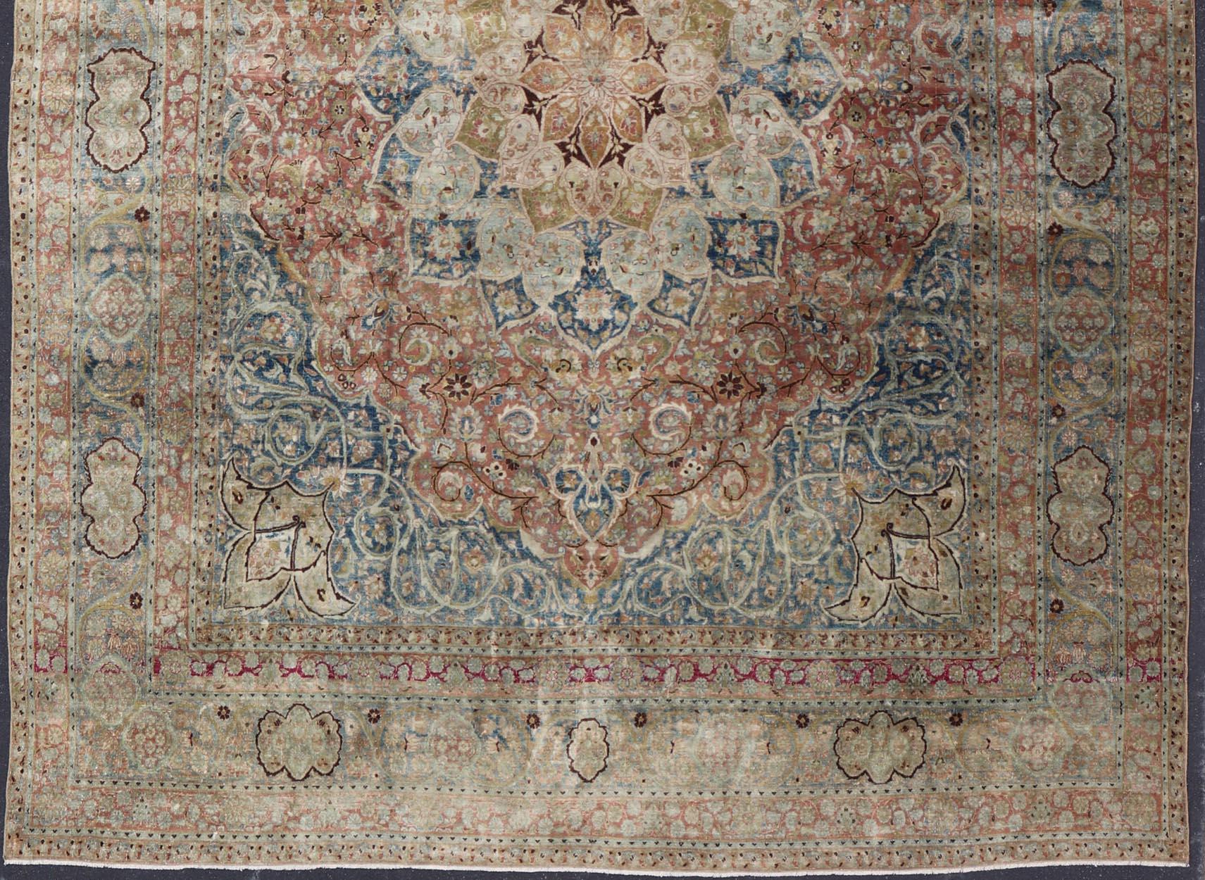 Hand-Knotted Large Persian Antique Mashad Carpet with Colorful Floral and Medallion Design For Sale