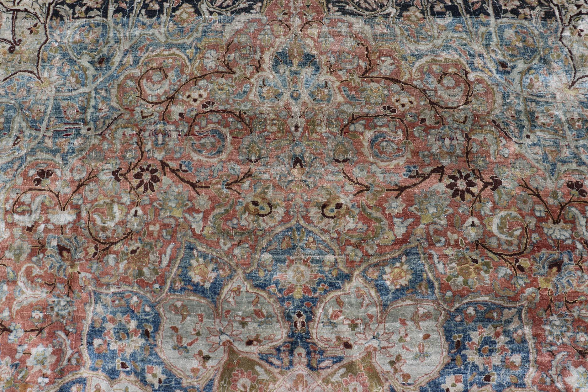 Early 20th Century Large Persian Antique Mashad Carpet with Colorful Floral and Medallion Design For Sale