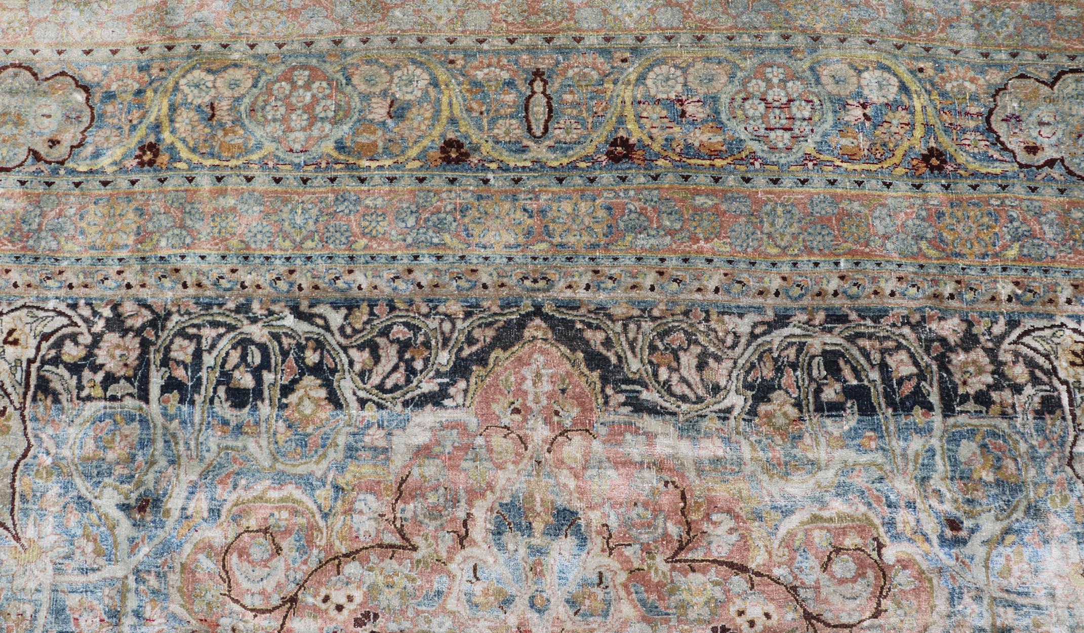 Wool Large Persian Antique Mashad Carpet with Colorful Floral and Medallion Design For Sale