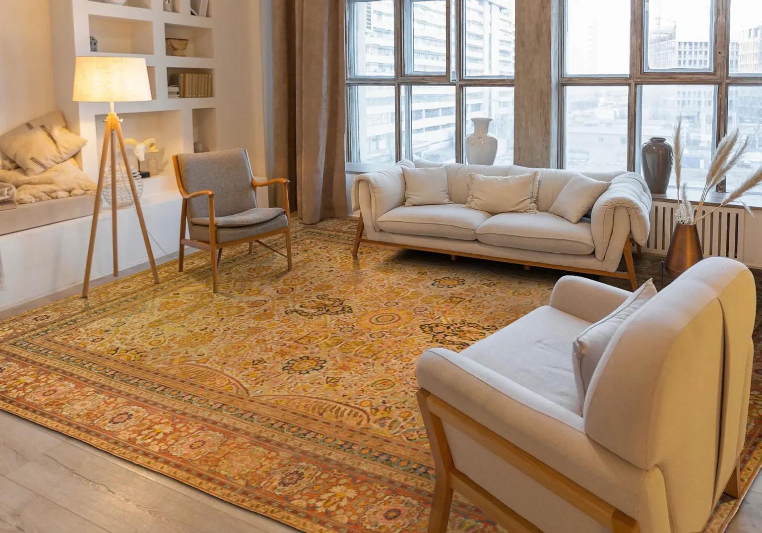 Une symphonie de safran et de ciel : Tapis persan exquis noué à la main

Voici un chef-d'œuvre du tissage persan, un tapis qui rayonne de lumière, de luxe et d'un art inégalé. Cette magnifique pièce témoigne des plus hauts niveaux d'artisanat,