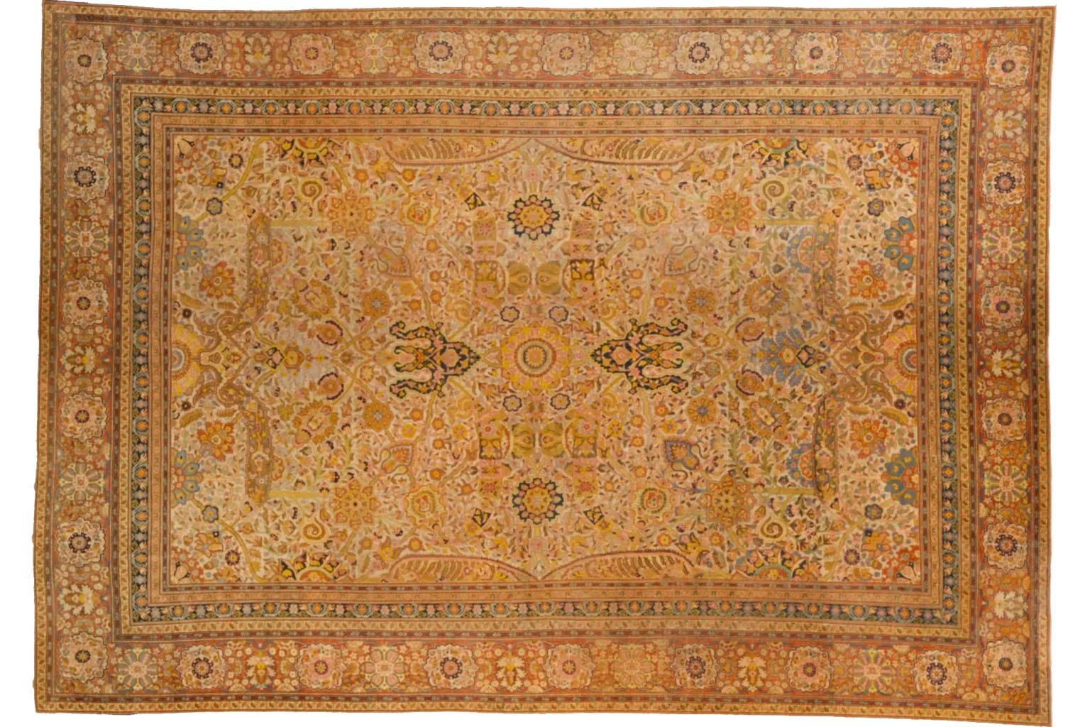 Tribal Grand tapis persan à motifs floraux - Jaune Marron Ivoire en vente