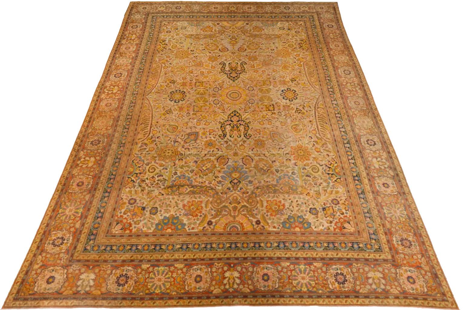Perse Grand tapis persan à motifs floraux - Jaune Marron Ivoire en vente