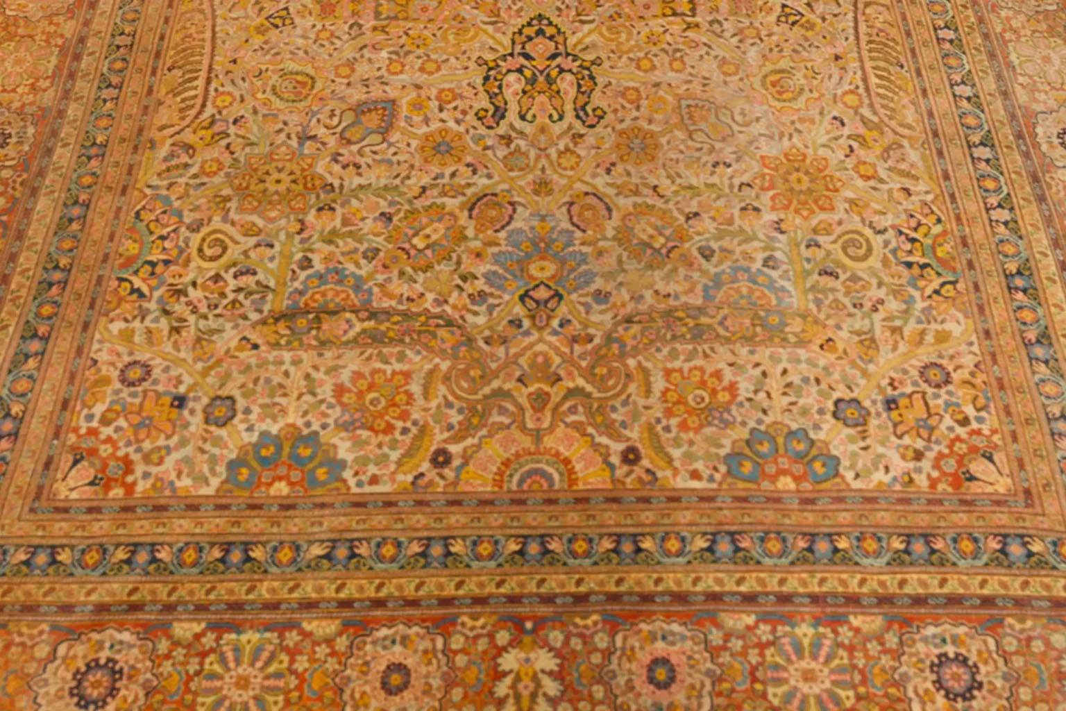 Tissé à la main Grand tapis persan à motifs floraux - Jaune Marron Ivoire en vente
