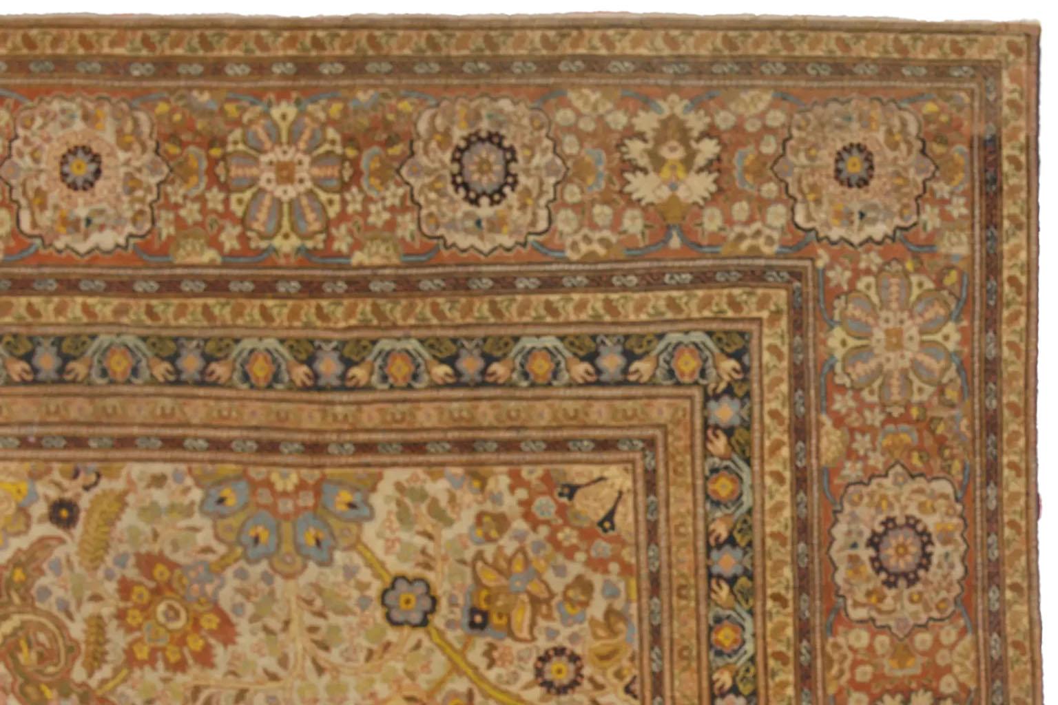 Grand tapis persan à motifs floraux - Jaune Marron Ivoire Excellent état - En vente à Dallas, TX