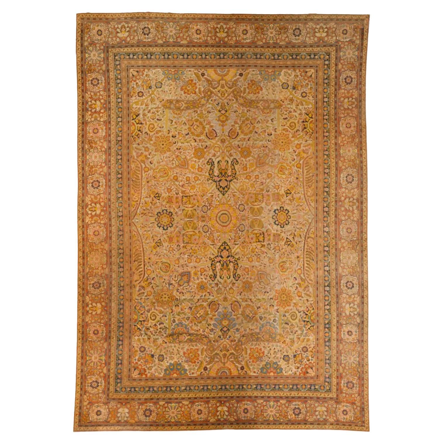 Grand tapis persan à motifs floraux - Jaune Marron Ivoire en vente
