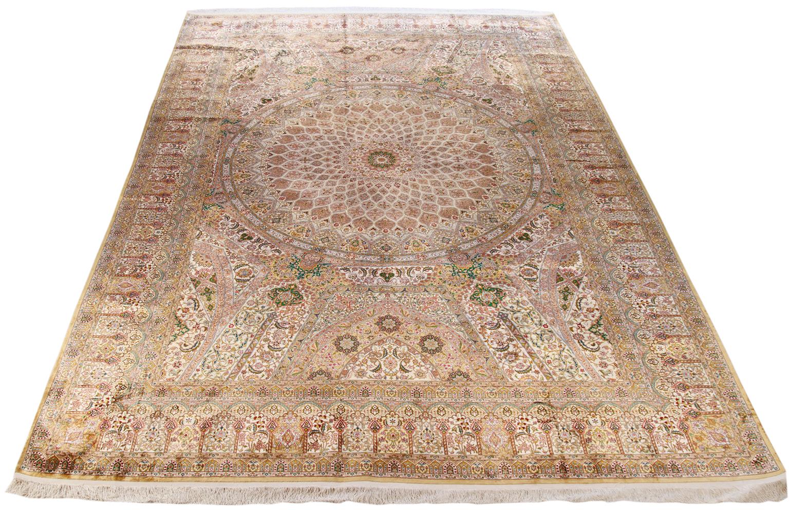 New Persian rug handwoven from the finest silk and colored with all-natural vegetable dyes that are safe for humans and pets. It’s a traditional Ghom Silk design featuring green and gold floral details. It’s a stunning piece for decorating modern,