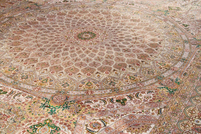 Large Persian Ghom Silk Rug with Green and Gold Floral Details For Sale