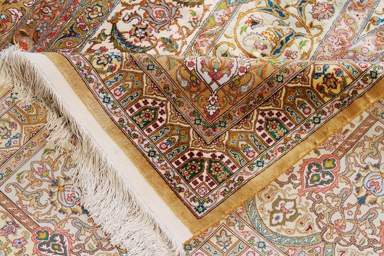Large Persian Ghom Silk Rug with Green and Gold Floral Details For Sale