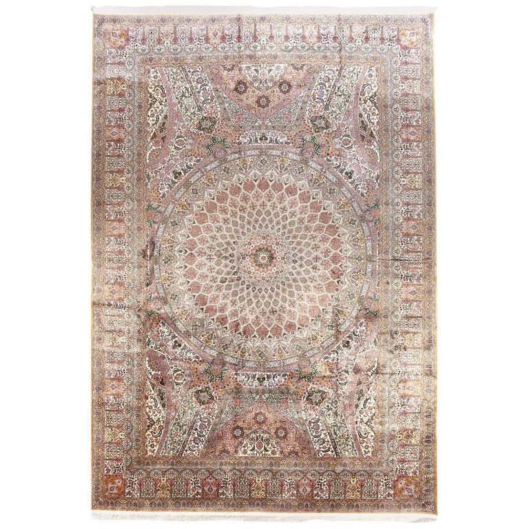 Large Persian Ghom Silk Rug with Green and Gold Floral Details For Sale