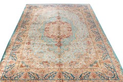 Large Persian Ghom Silk Rug with Red and Beige Floral Details on Blue Field