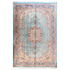 Large Persian Ghom Silk Rug with Red and Beige Floral Details on Blue Field