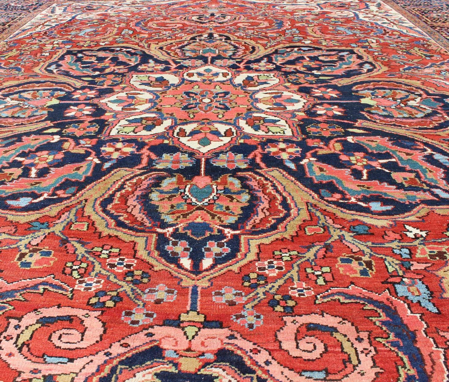 Large Persian Heriz Rug with Geometric Medallion in Rust, Yellow, Green and Blue For Sale 3