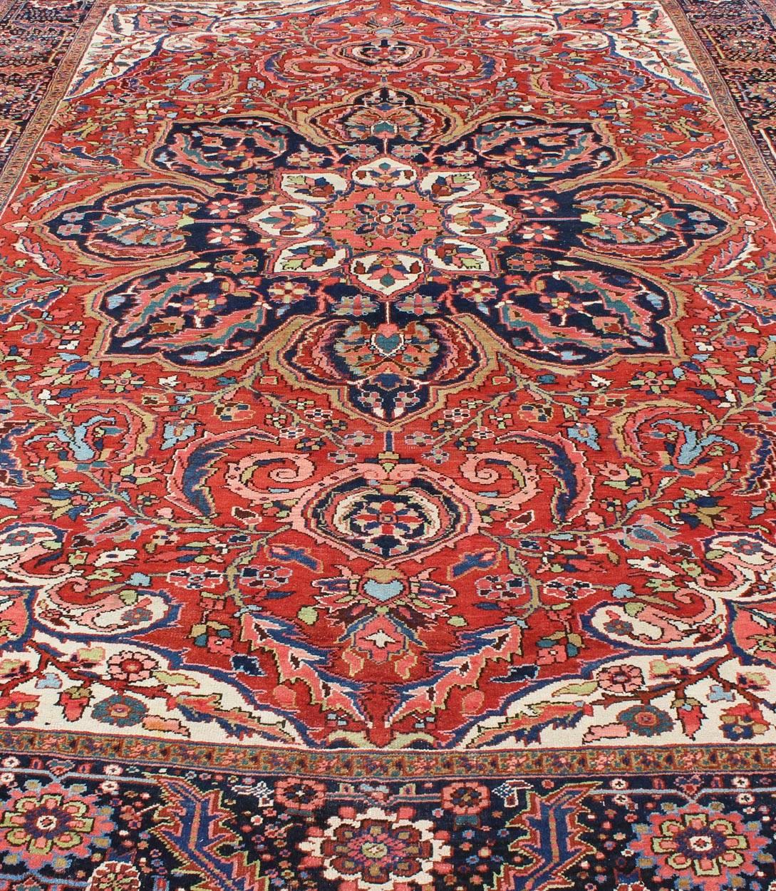 Large Persian Heriz Rug with Geometric Medallion in Rust, Yellow, Green and Blue For Sale 4