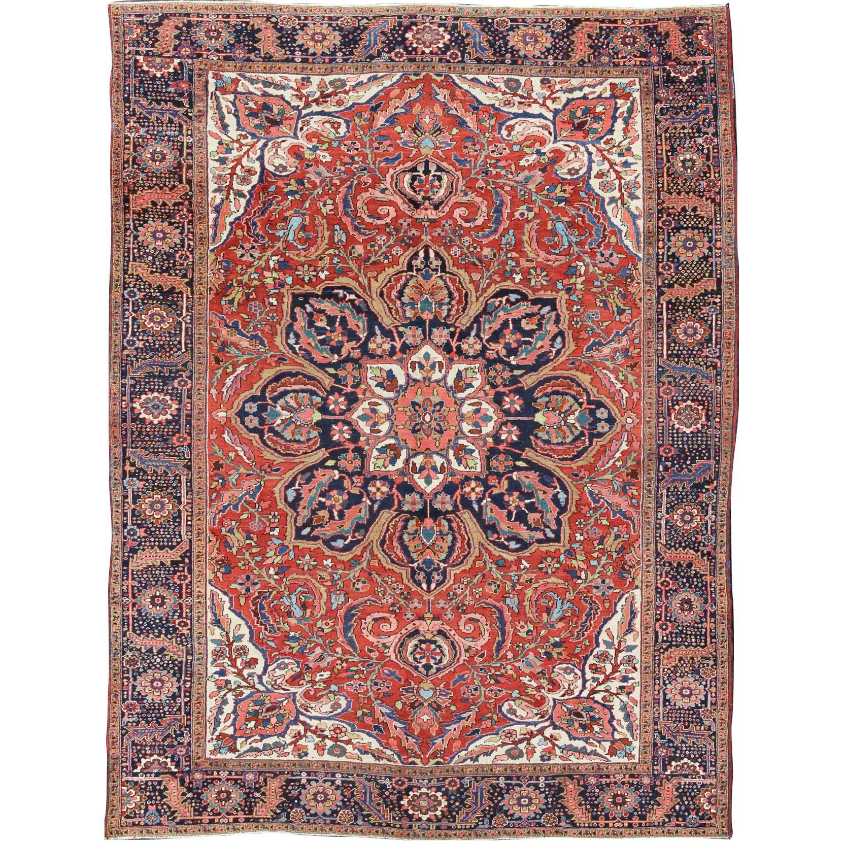 Large Persian Heriz Rug with Geometric Medallion in Rust, Yellow, Green and Blue For Sale