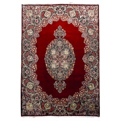 Used Large Persian Kerman Lavar Red Wool Hand-Knotted Rug 