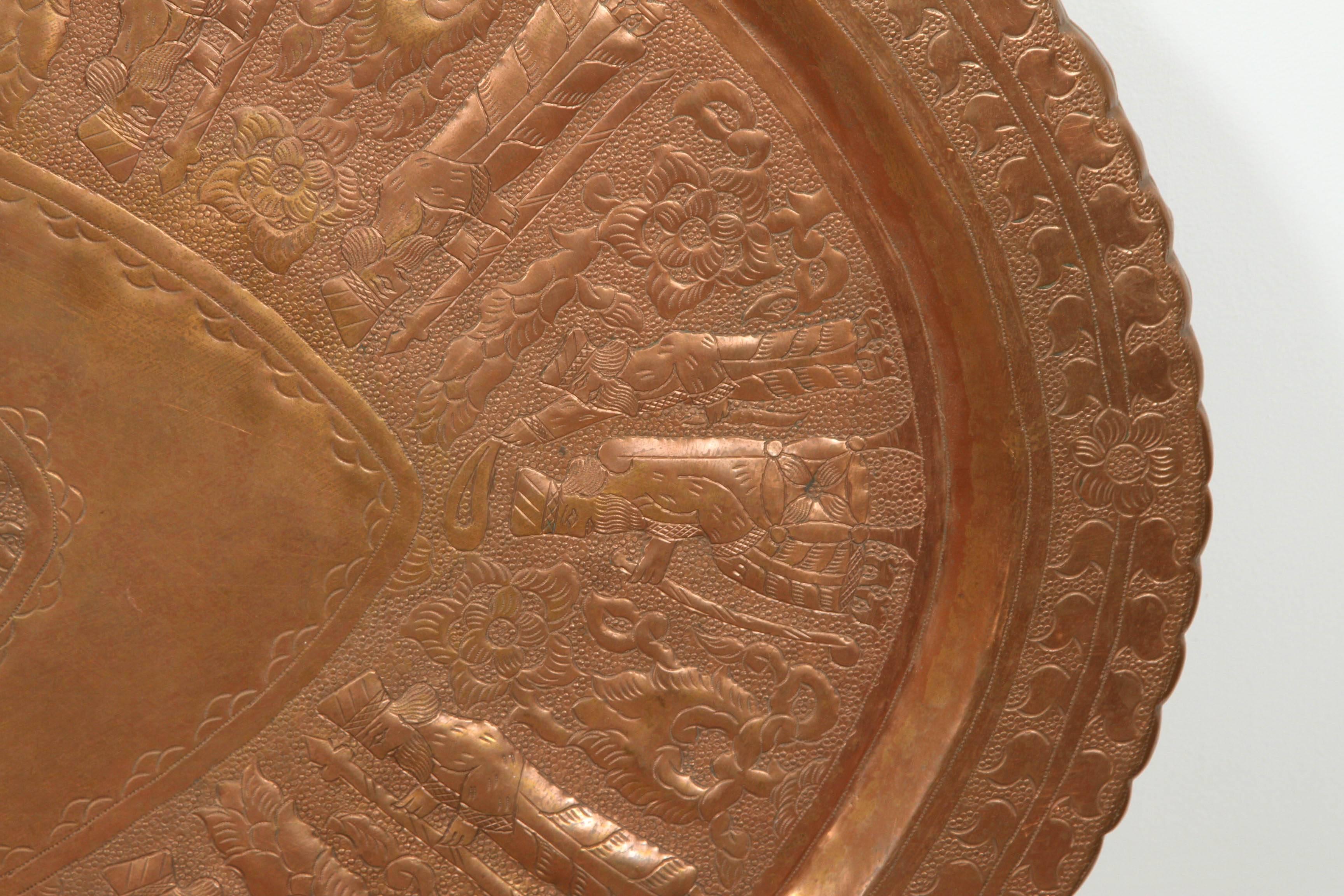 Embossed Large Persian Moorish Style Oval Decorative Copper Tray For Sale