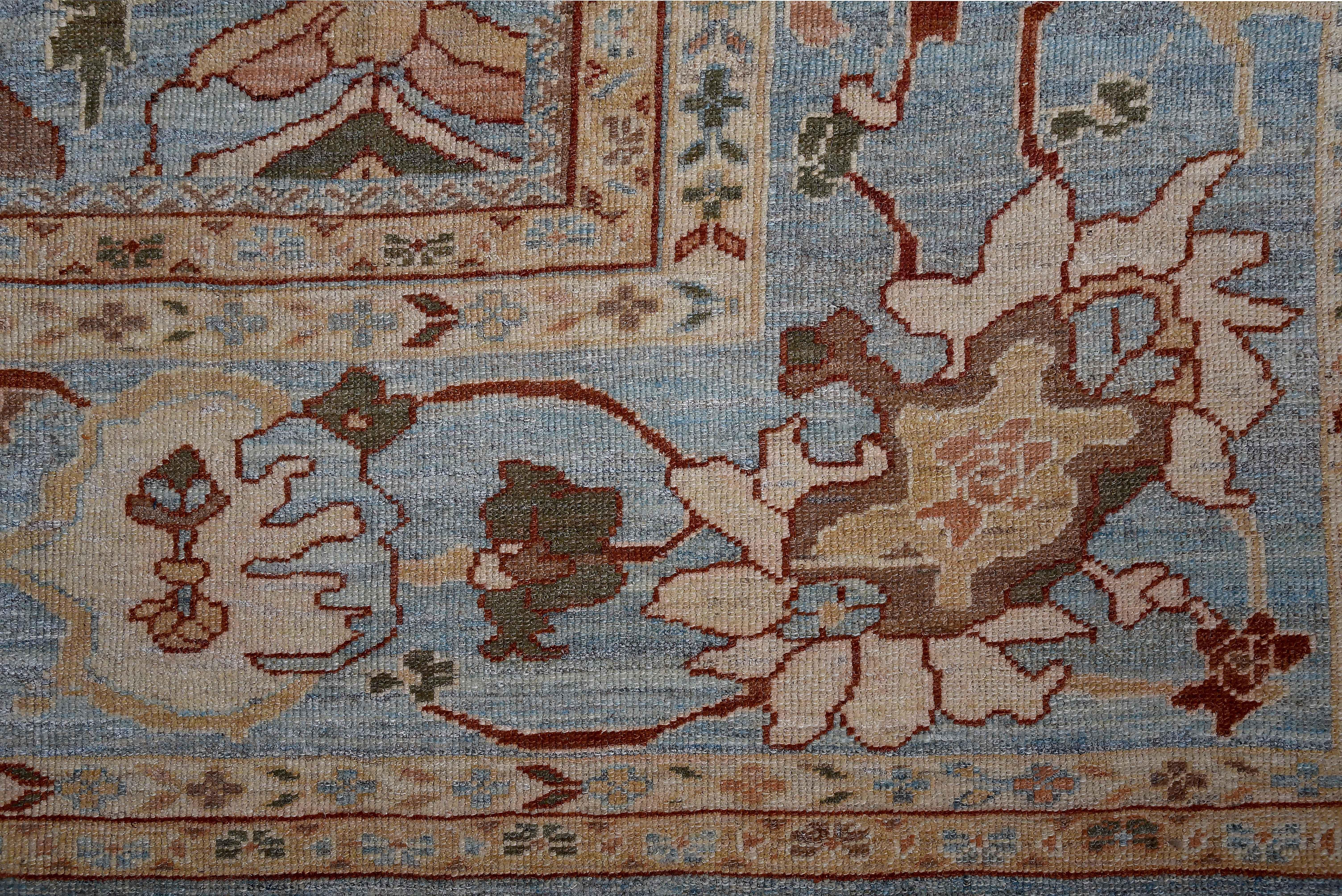 Hand-Woven Large Persian Oushak Style Rug with Beige & Brown Floral Patterns on Blue Field For Sale