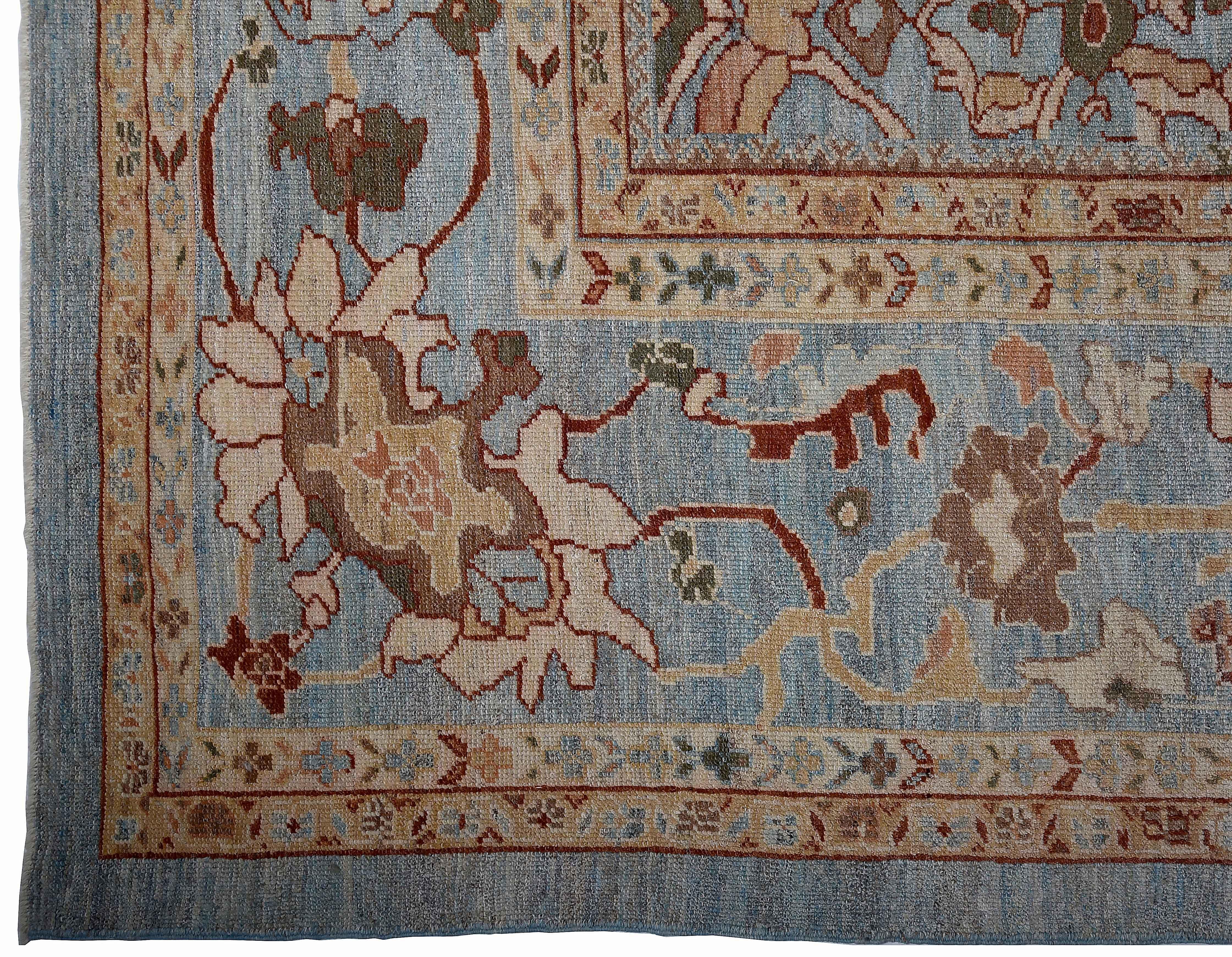 Großer persischer Teppich im Oushak-Stil mit beigefarbenen & braunen Blumenmustern auf blauem Feld im Angebot 1