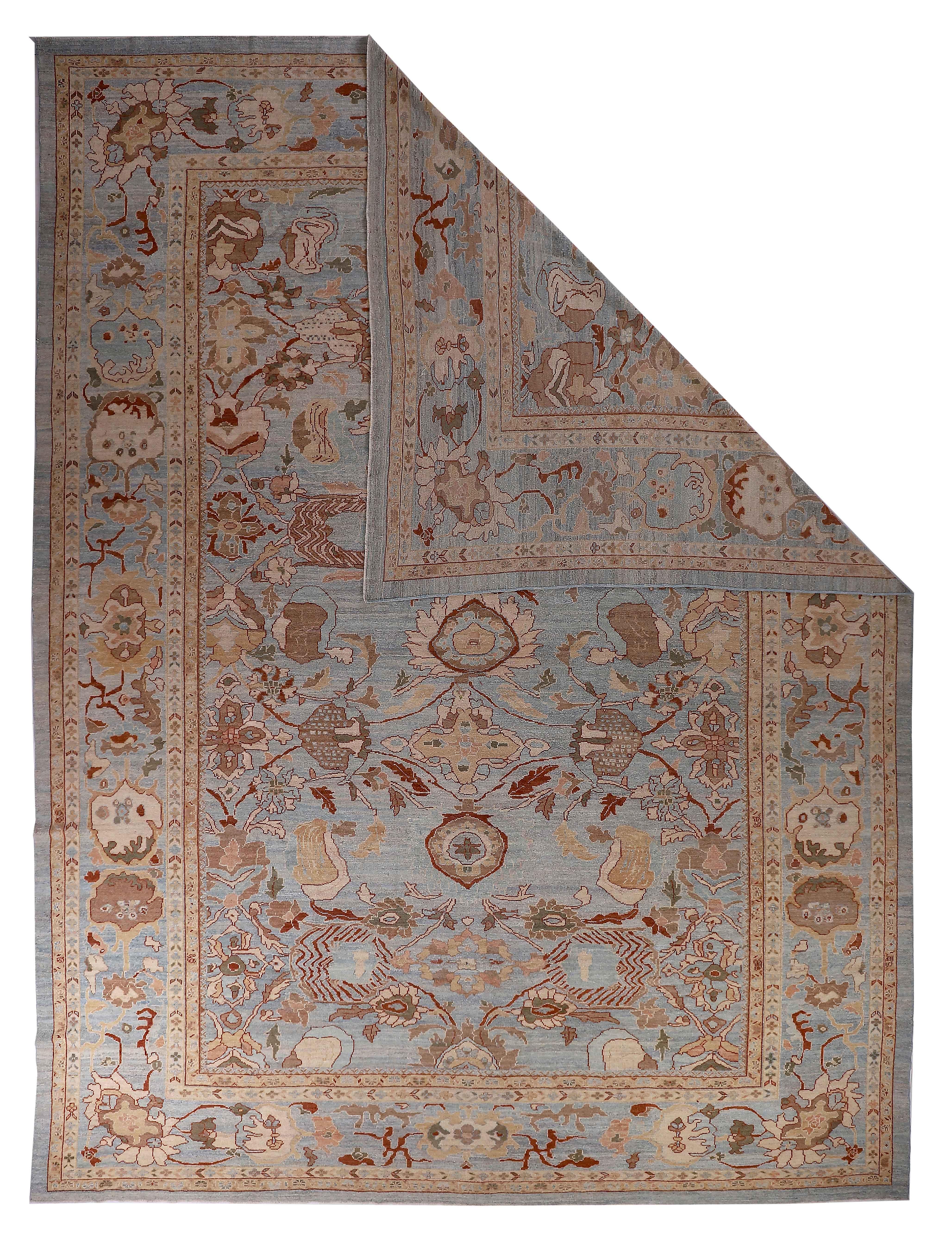 Large Persian Oushak Style Rug with Beige & Brown Floral Patterns on Blue Field For Sale 3