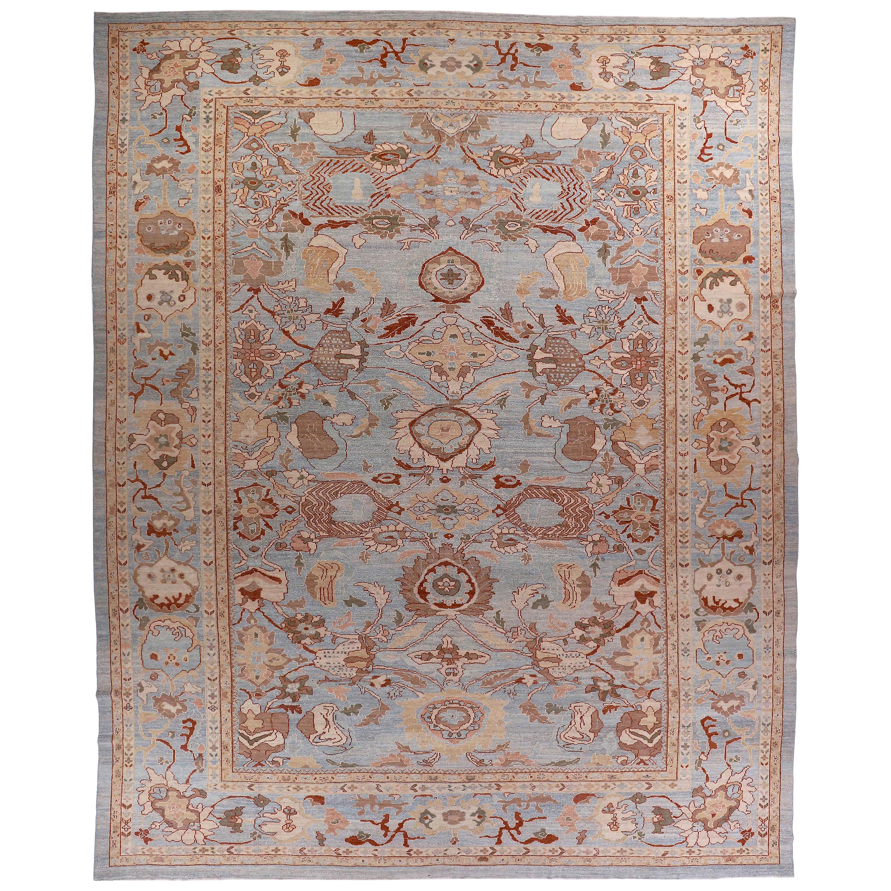 Large Persian Oushak Style Rug with Beige & Brown Floral Patterns on Blue Field