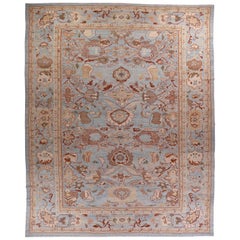 Large Persian Oushak Style Rug with Beige & Brown Floral Patterns on Blue Field