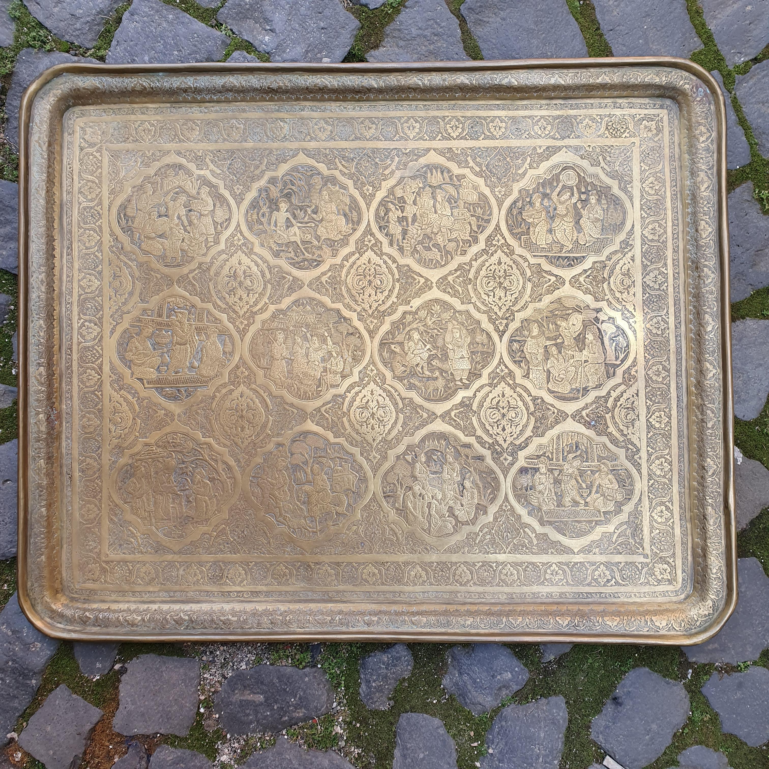 Large Persian Qajar Antique Brass Tray For Sale 1