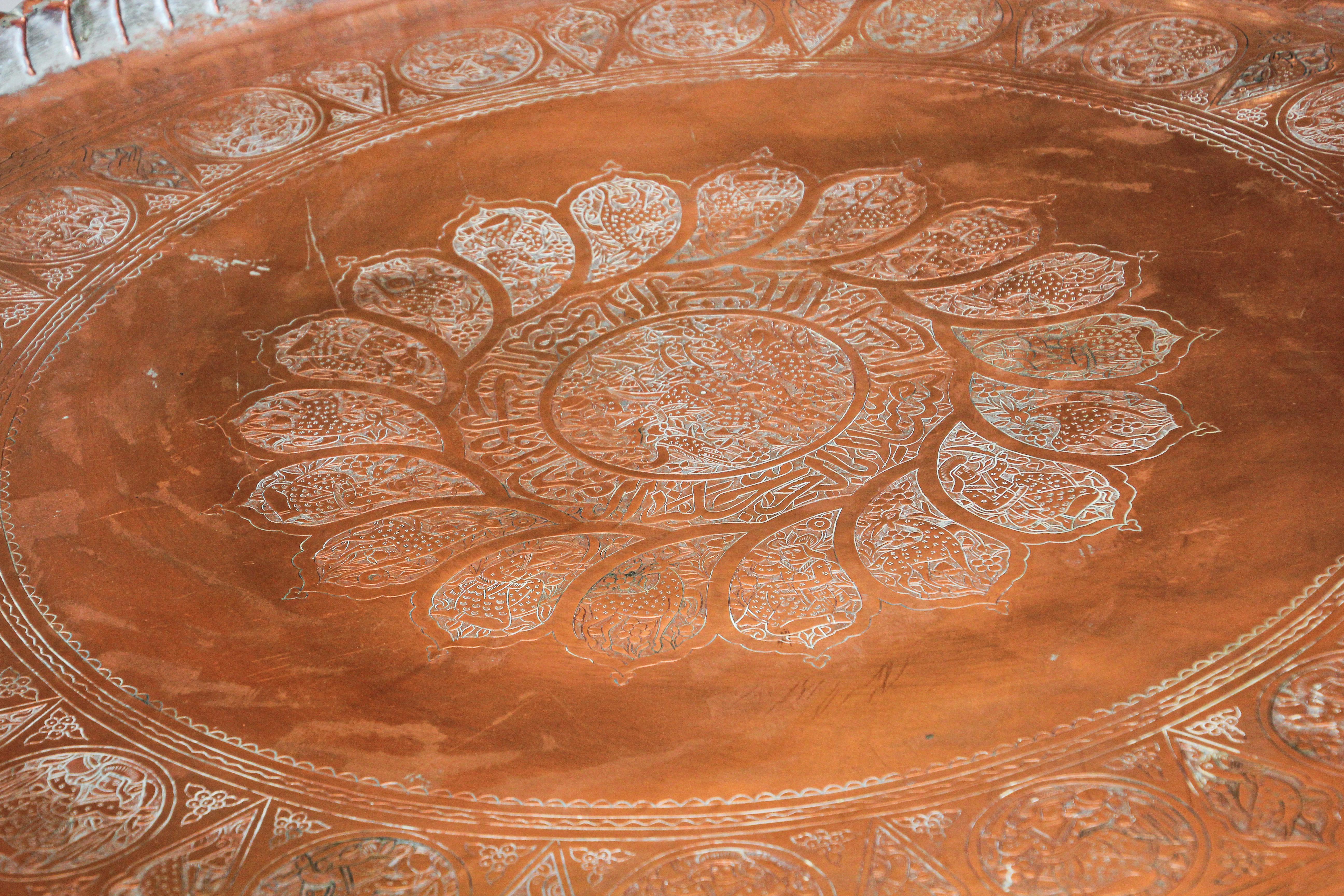 Hand-Carved Large Moorish Qajar Mughal Copper Tray Table