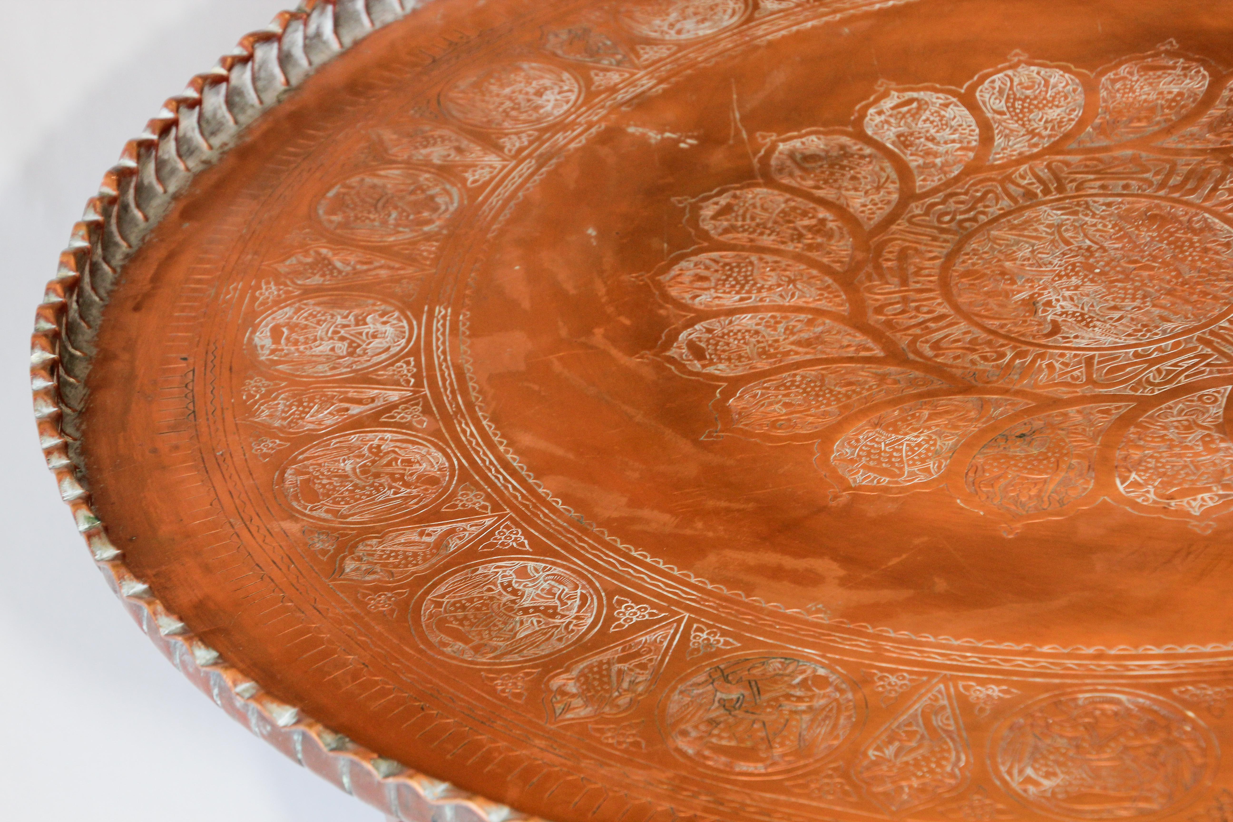 Large Moorish Qajar Mughal Copper Tray Table In Good Condition In North Hollywood, CA