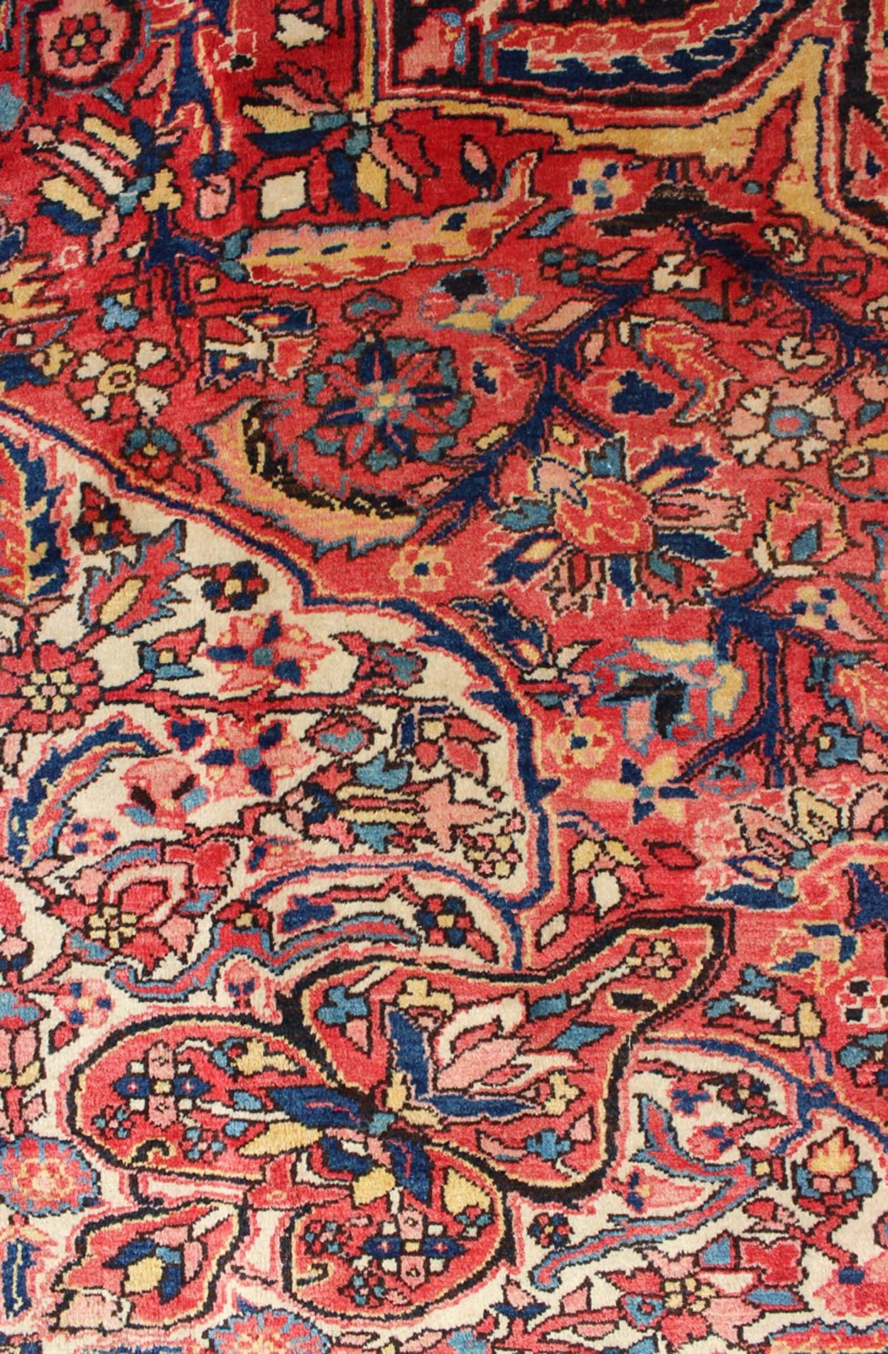 Wool Large Persian Semi Antique Heriz with Stylized Medallion Design in Soft Colors For Sale
