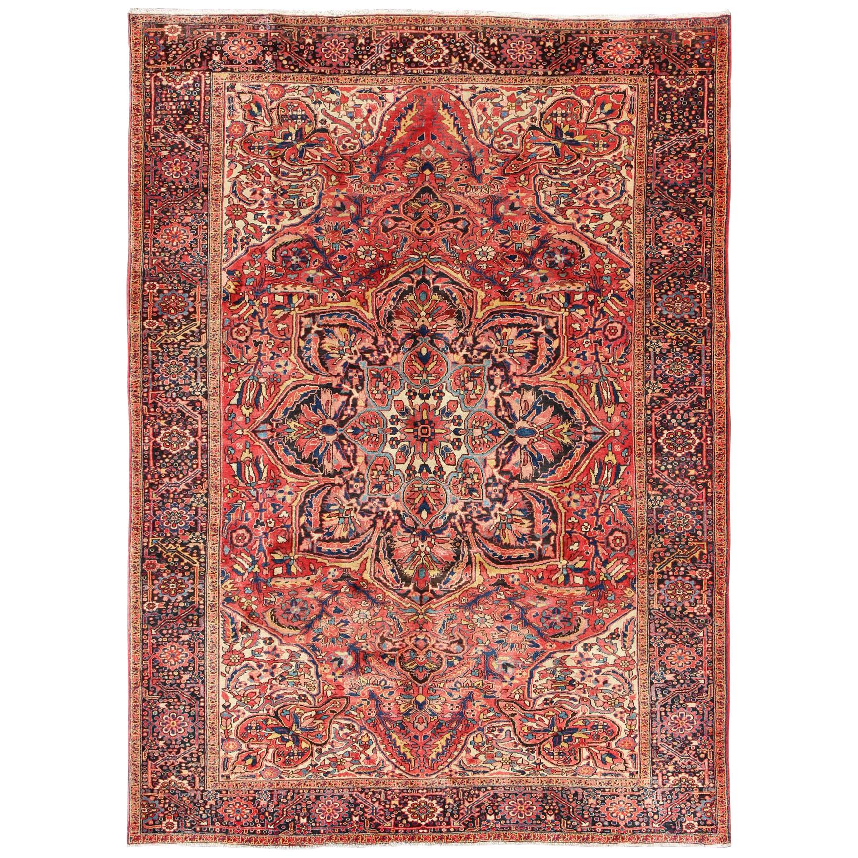 Large Persian Semi Antique Heriz with Stylized Medallion Design in Soft Colors For Sale