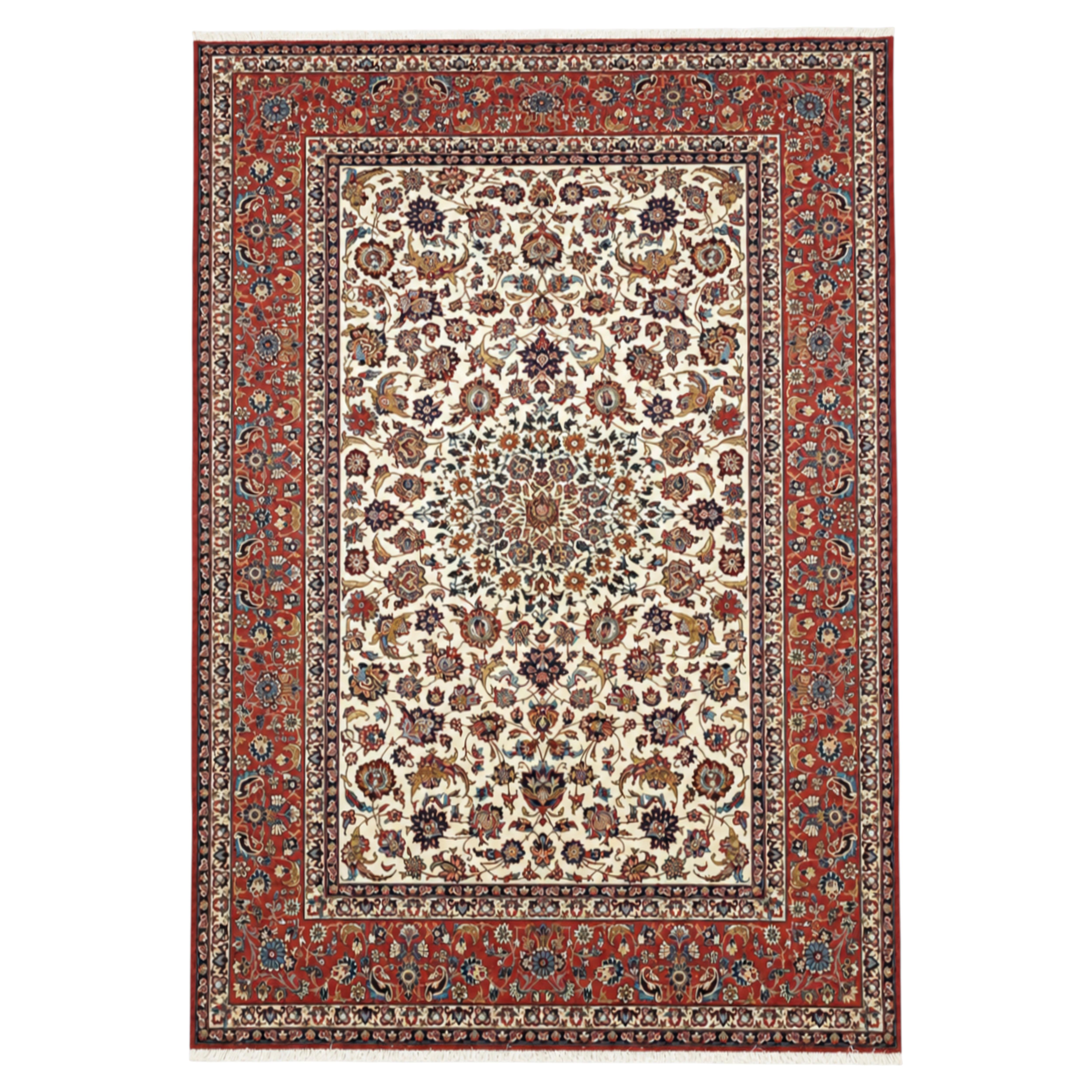 Grande tappeto persiano in stile Tabriz con motivi floreali e bordo rosso, 95,7 x 139,4 pollici in vendita